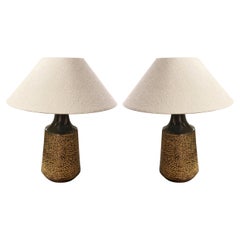 Brown And Gold Textured Pair Table Lamps With Shades, Indonesia, Contemporary