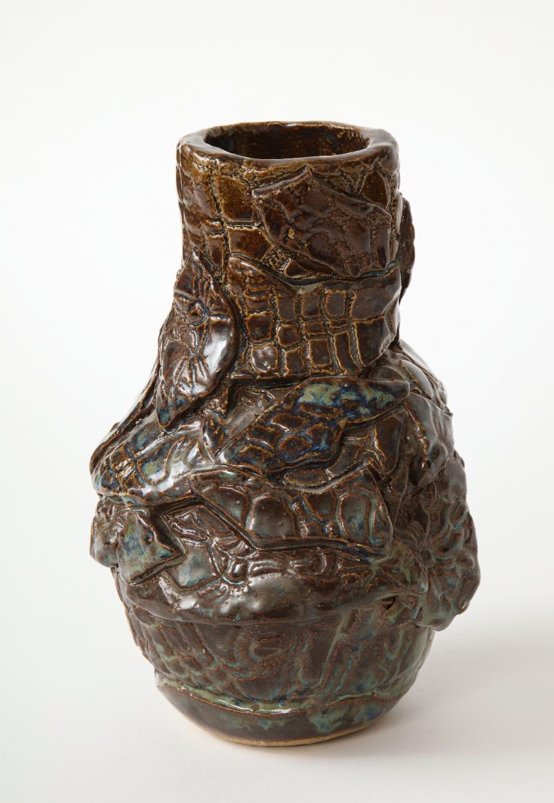 Contemporary Brown and Green Glazed Ceramic Stoneware Vase For Sale
