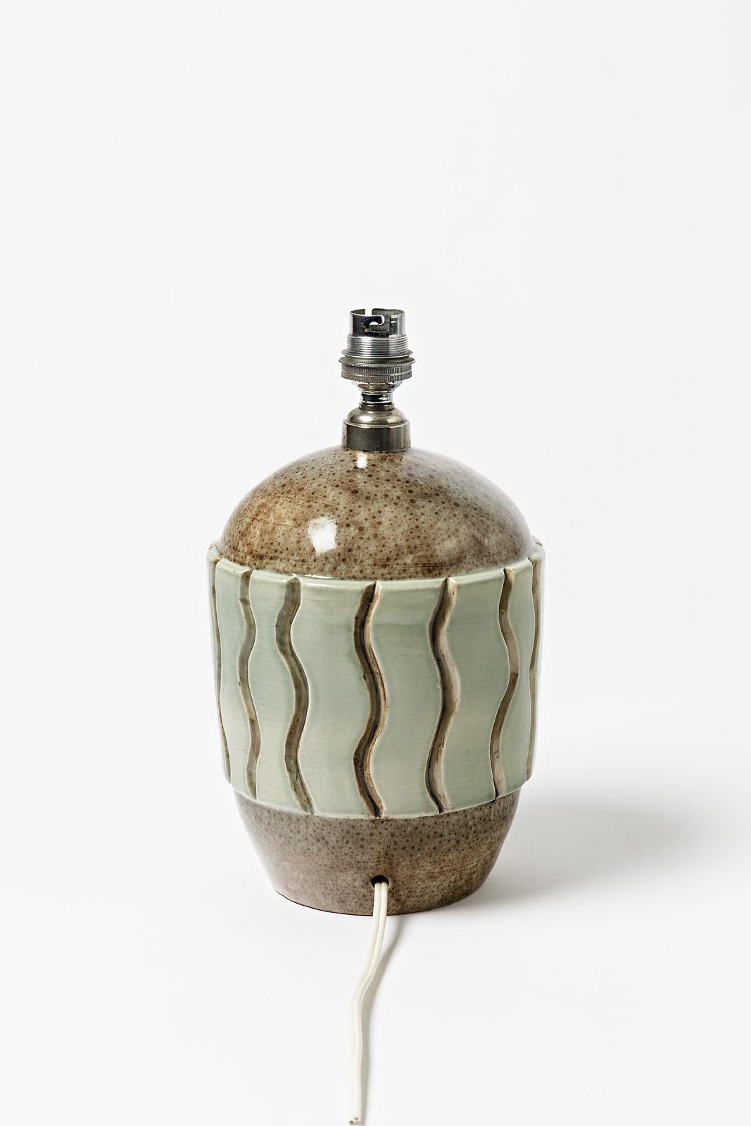French Brown and green glazed ceramic table lamp, circa 1930 For Sale