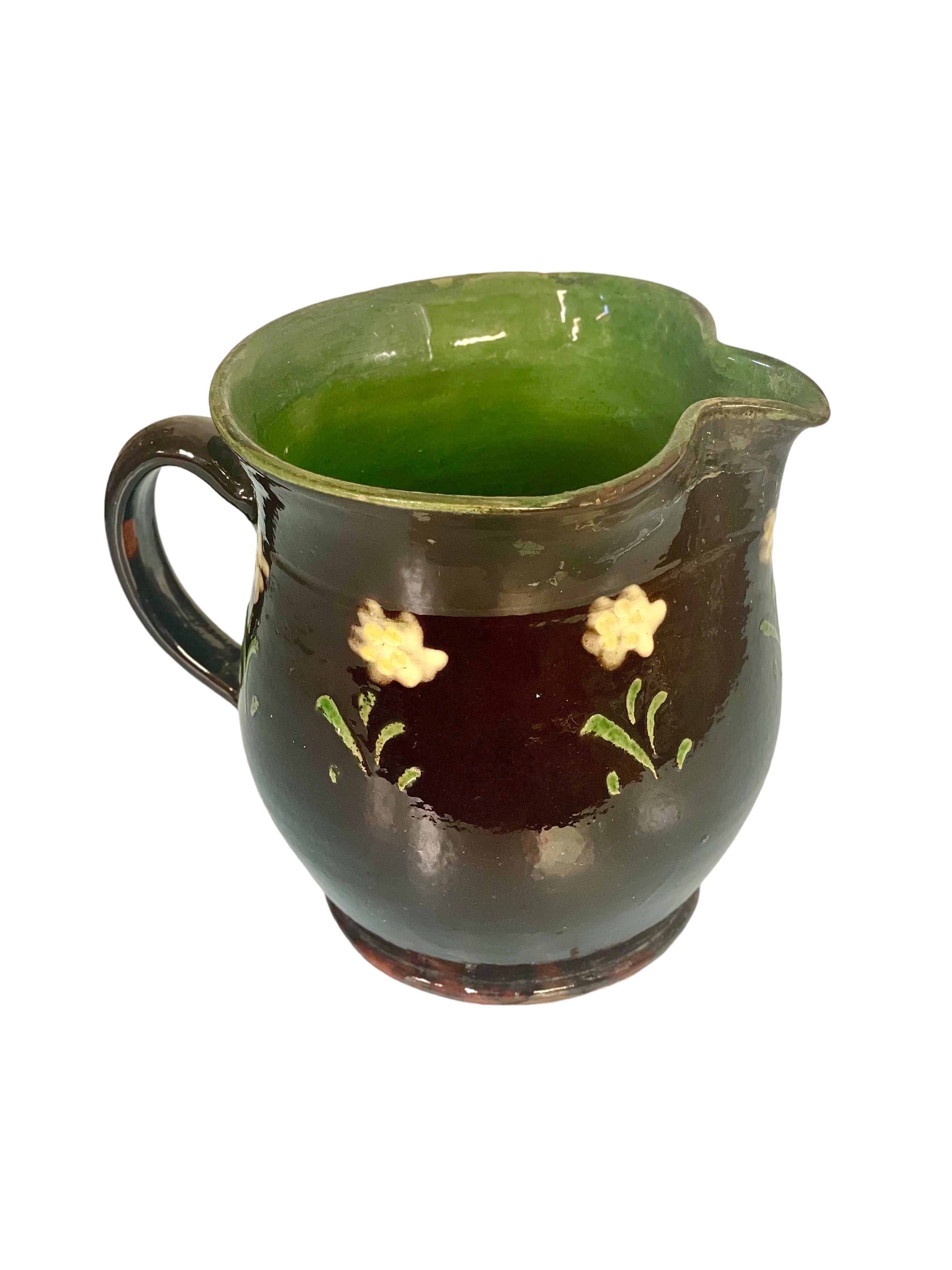 Rustic Glazed Water Jug with Floral Design For Sale
