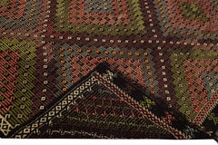 Brown and Green Modern Soumak Handmade Geometric Designed Wool Rug