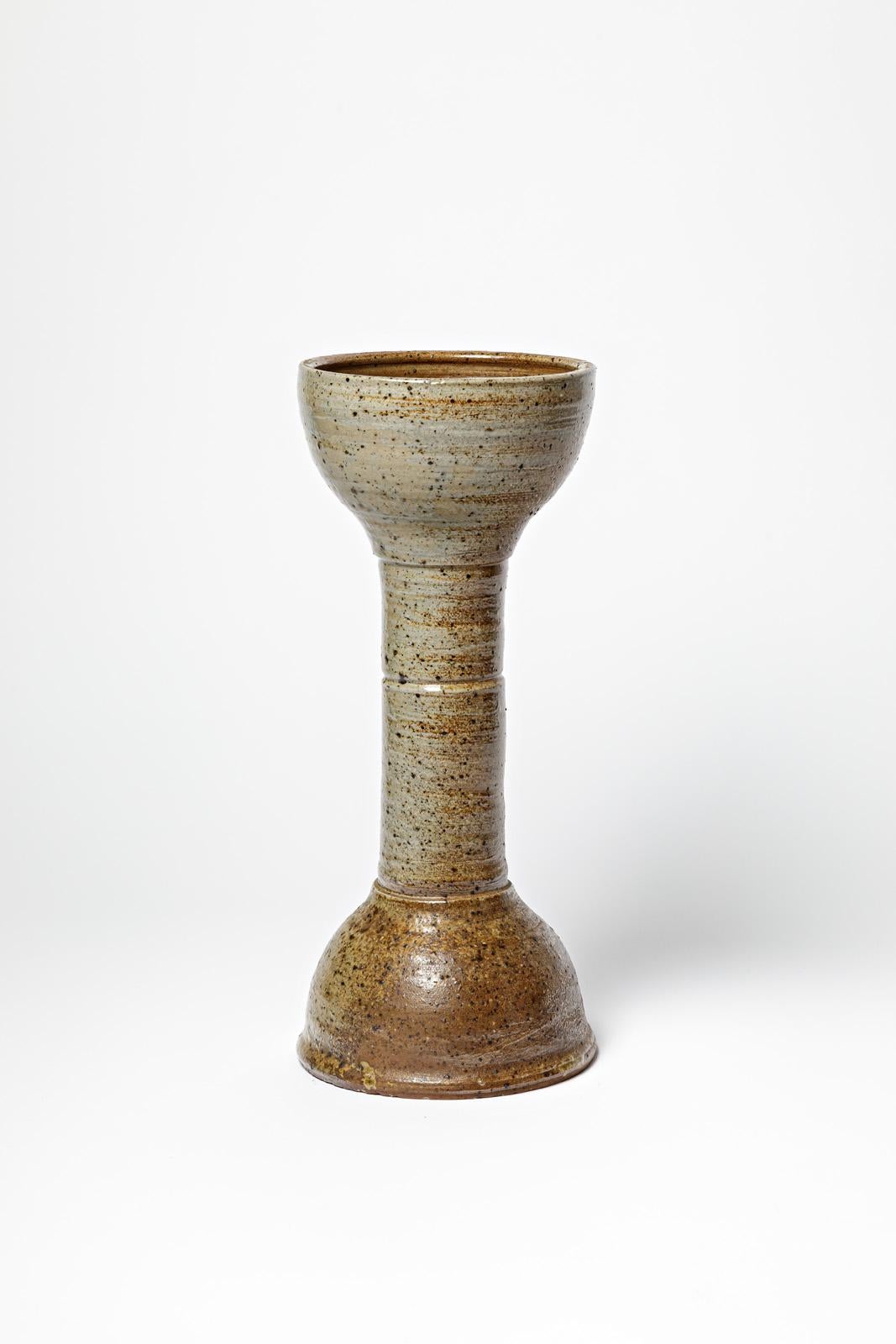 Mid-Century Modern Brown and Grey 20th Century Diabolo Design Stoneware Ceramic Vase by Tiffoche For Sale