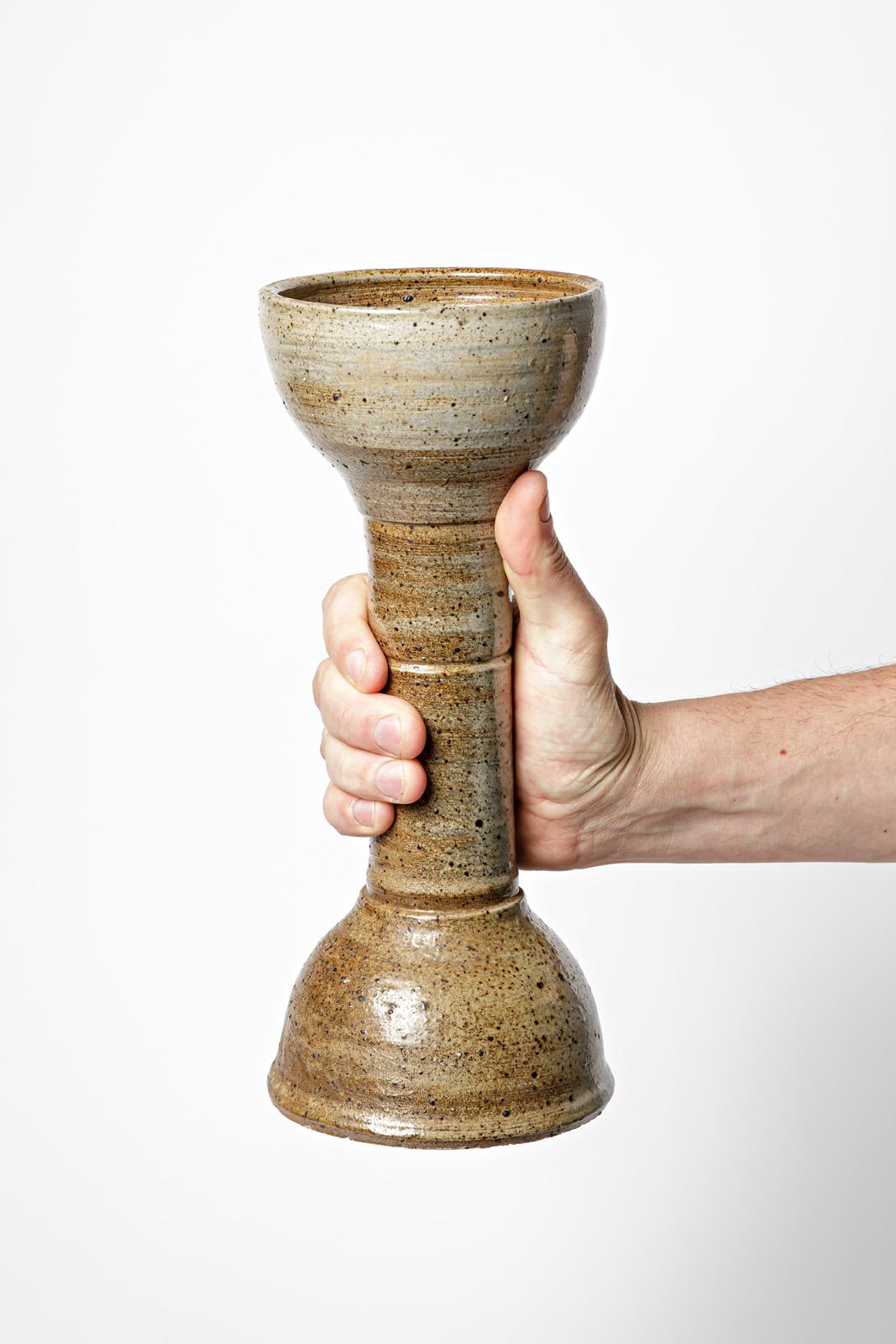 Brown and Grey 20th Century Diabolo Design Stoneware Ceramic Vase by Tiffoche For Sale 1