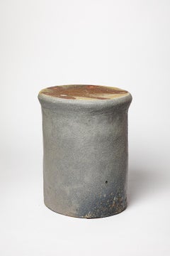 Brown and grey stoneware woodfiring ceramic stool or low table by B. Chassang