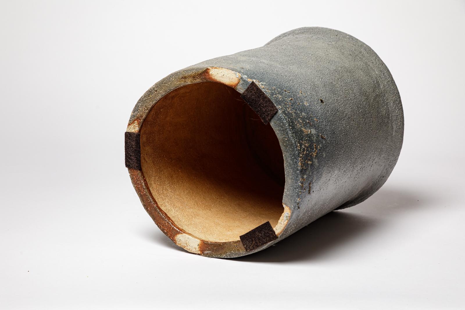 Sgabello o tavolino in ceramica marrone e grigio in gres cotto di B. Chassang in vendita 1