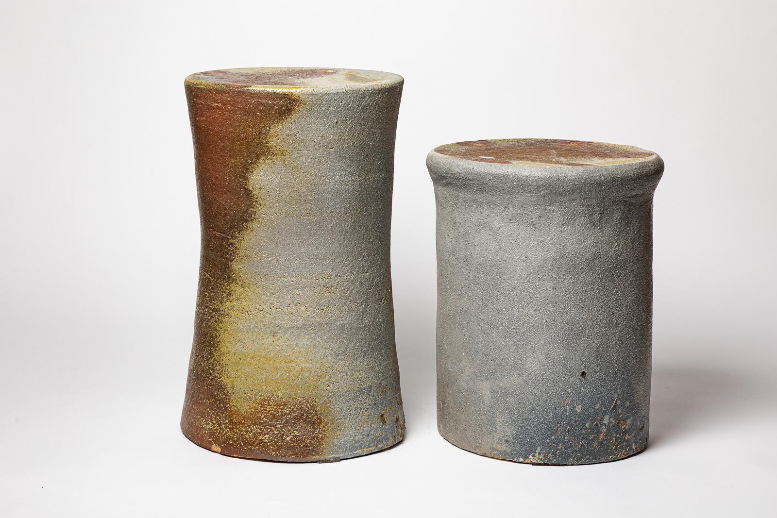 Sgabello o tavolino in ceramica marrone e grigio in gres cotto di B. Chassang in vendita 2