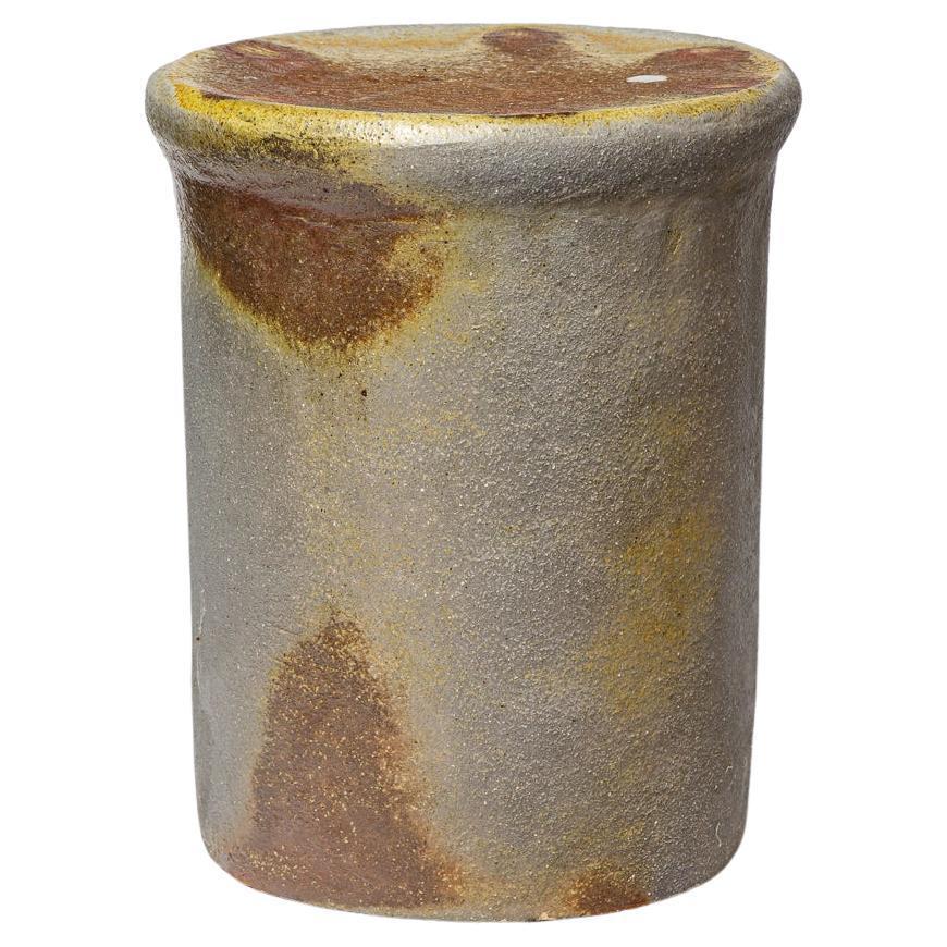 Brown and grey stoneware woodfiring ceramic stool or low table by B. Chassang