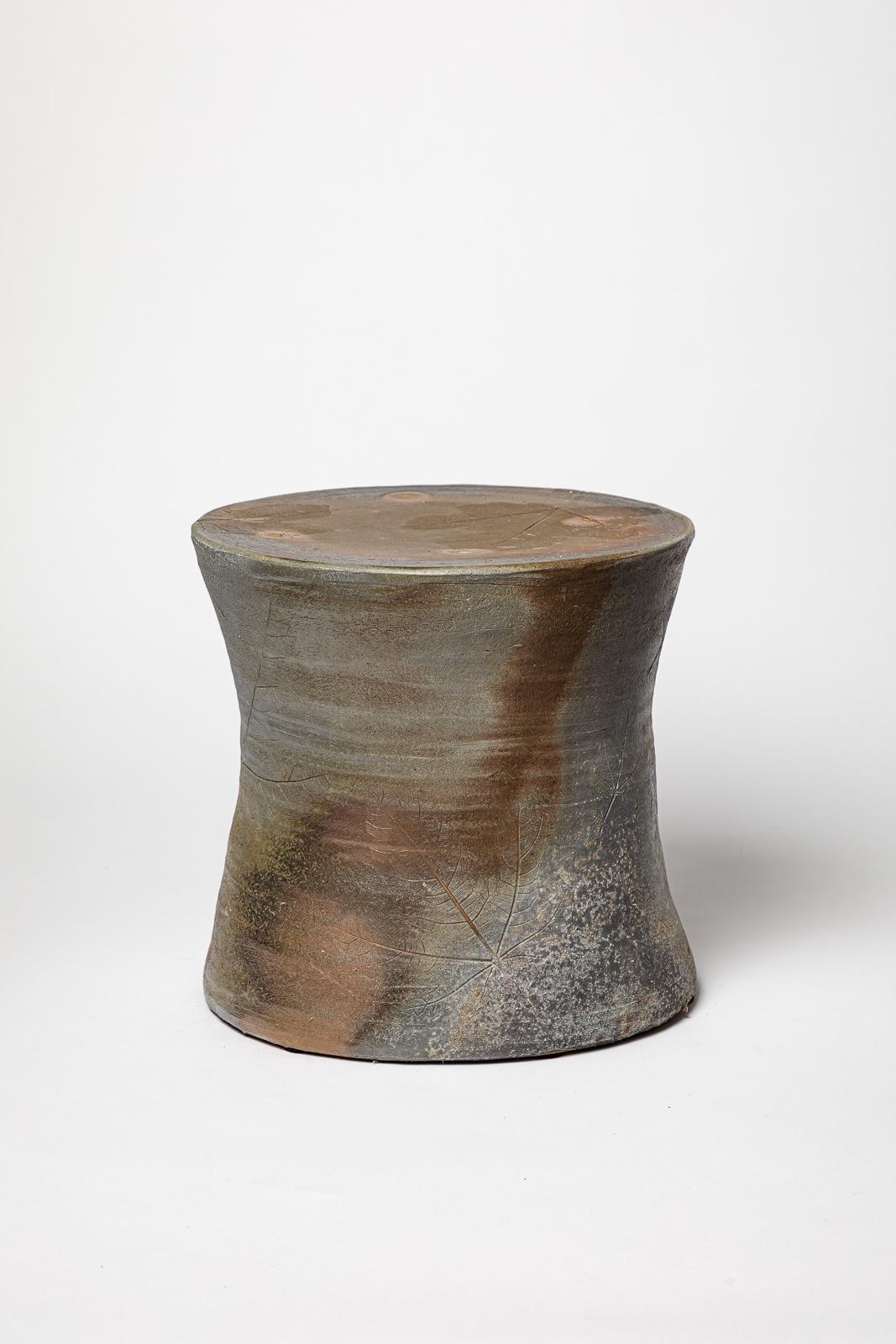 Taburete o mesa baja de cerámica de gres marrón y gris única hecha a mano B. Chassang Francés en venta