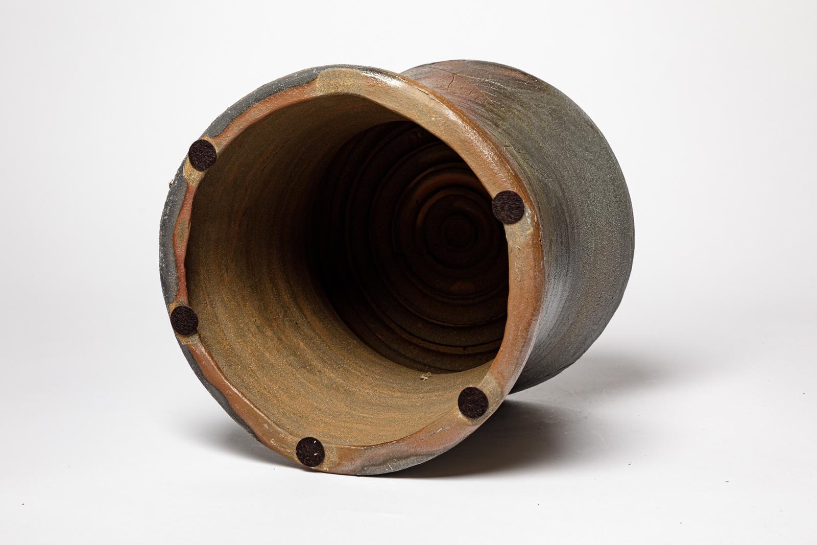 Taburete o mesa baja de cerámica de gres marrón y gris única hecha a mano B. Chassang en venta 2