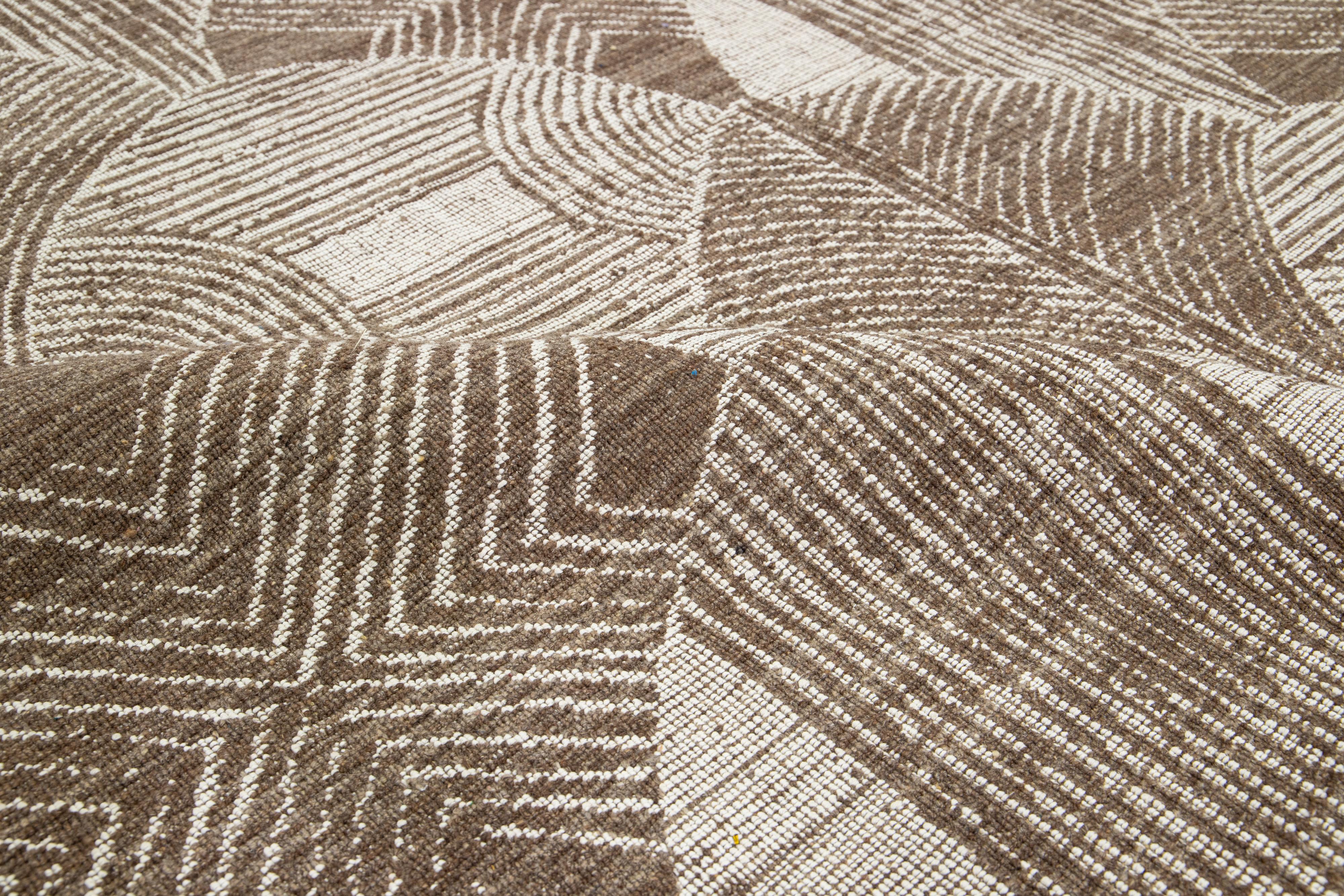 Turkish Brown And Ivory Designed Transitional Hand Loom Wool Rug For Sale