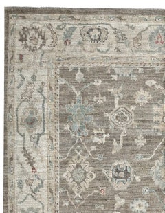 Brown and Ivory Handmade Wool Distressed Turkish Oushak Rug