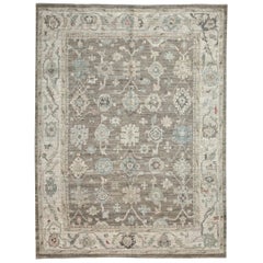 Brown and Ivory Handmade Wool Distressed Turkish Oushak Rug