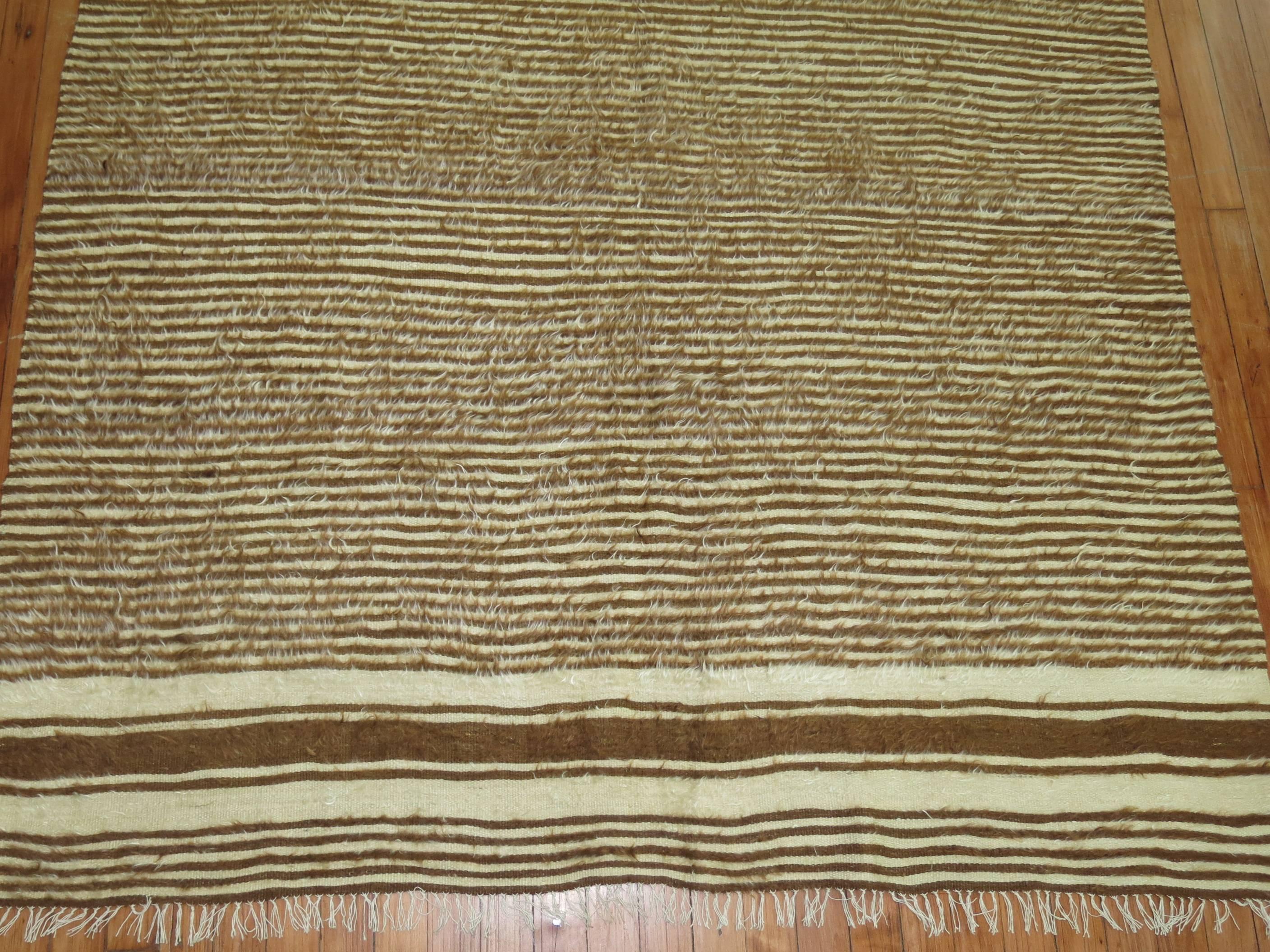 Organic Modern Brown and Ivory Striped Turkish Mohair Rug