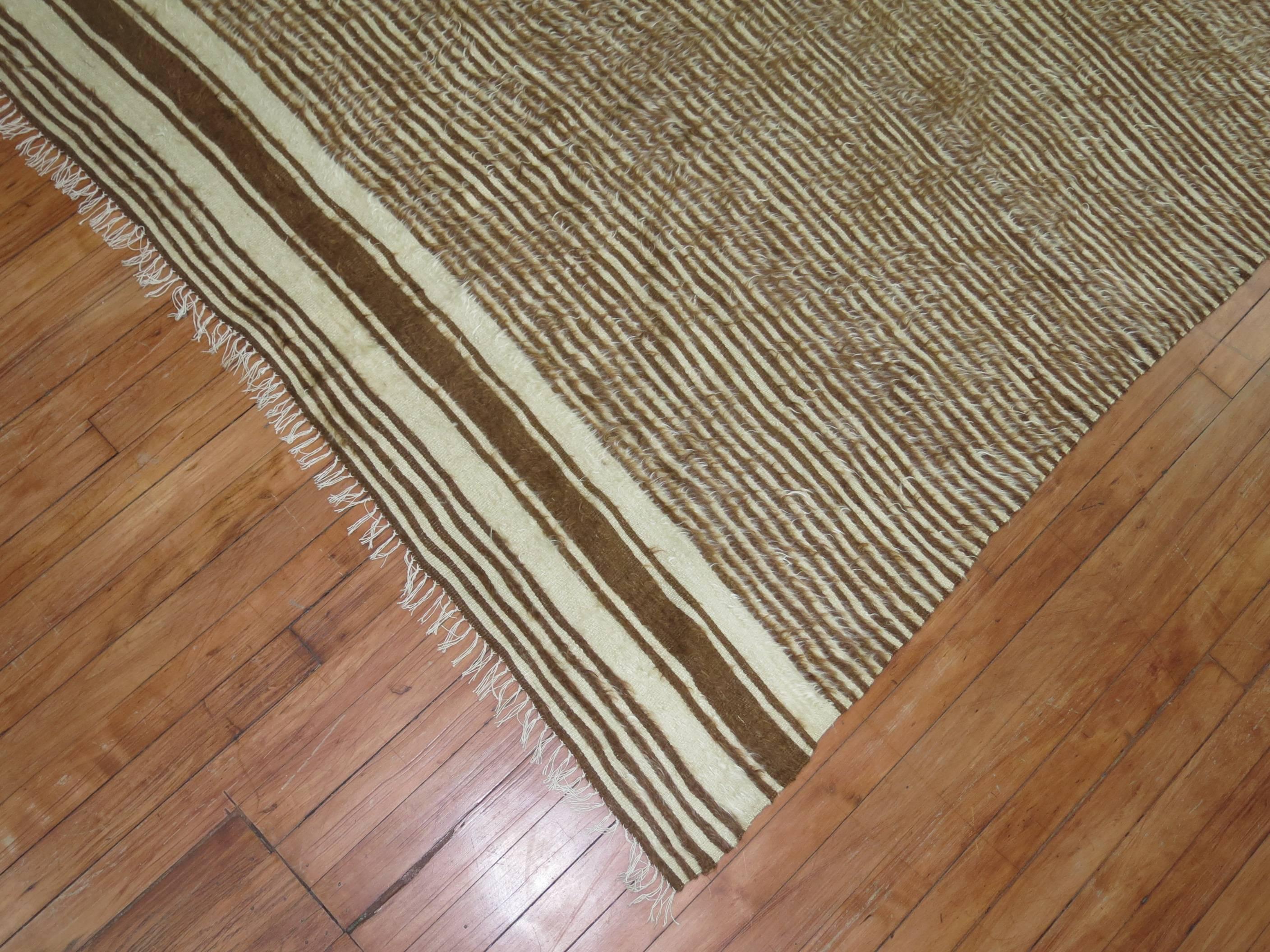 Brown and Ivory Striped Turkish Mohair Rug In Excellent Condition In New York, NY
