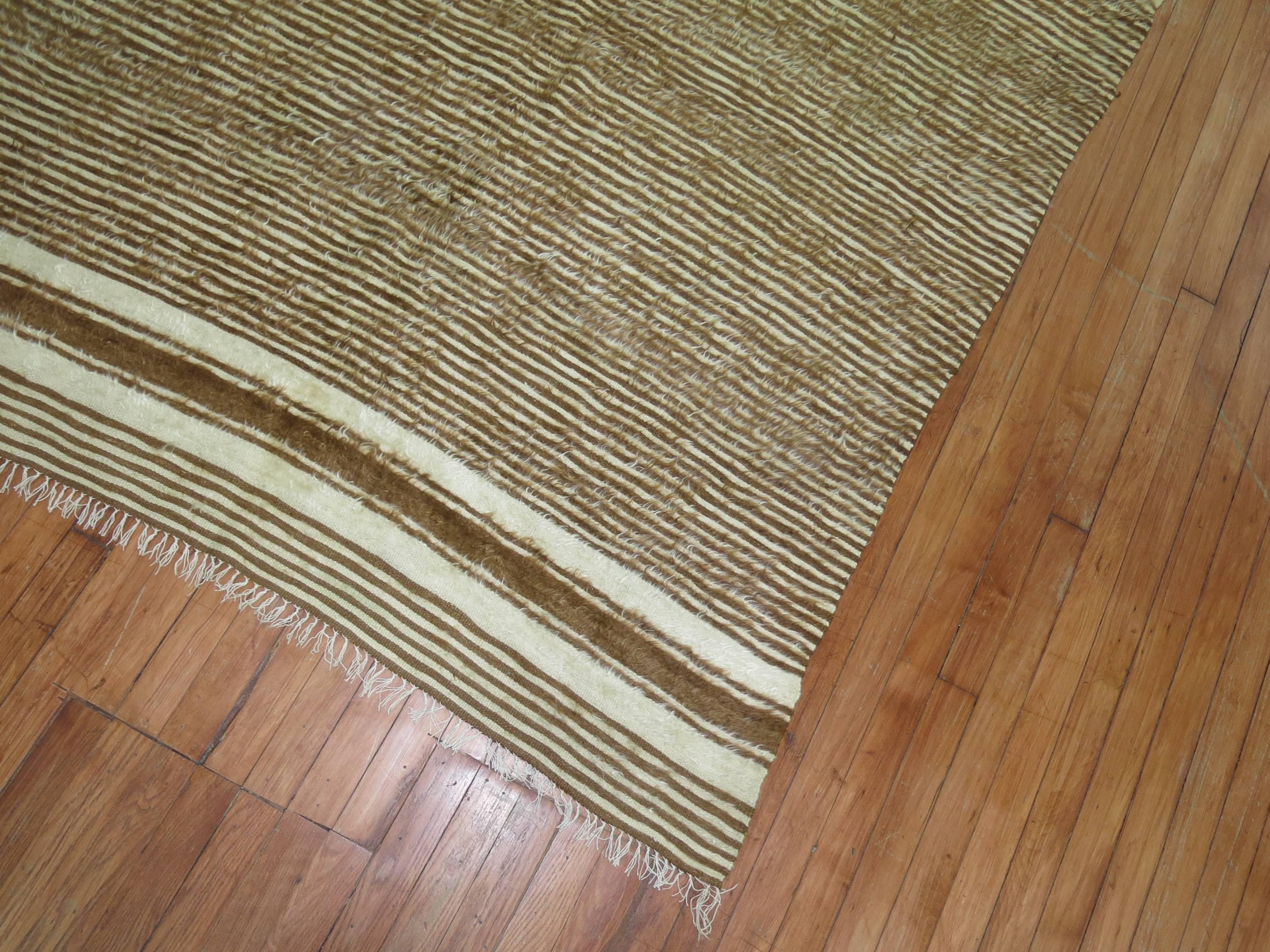 20th Century Brown and Ivory Striped Turkish Mohair Rug