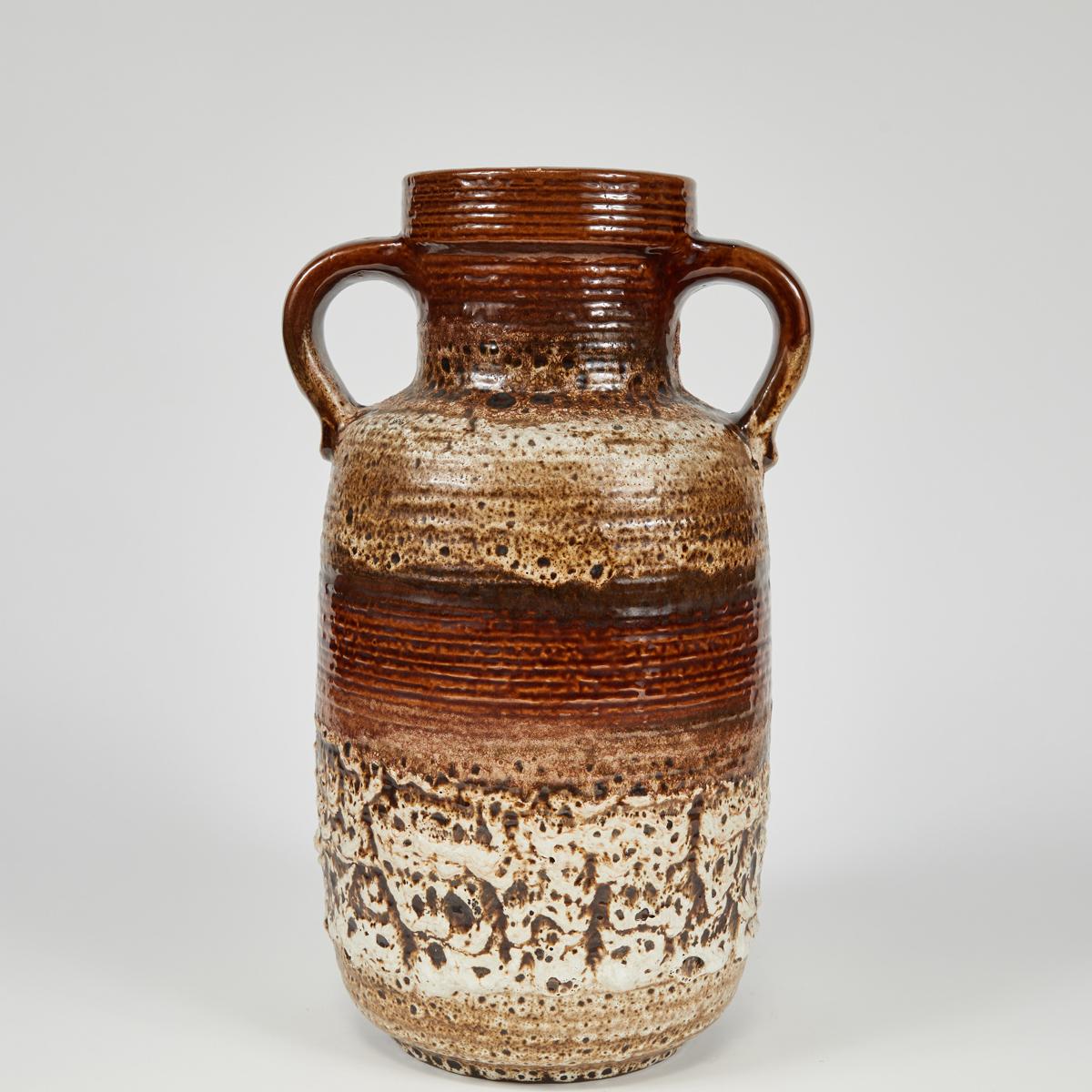 Brown and natural glazed vase with handles from France, circa 1950.
