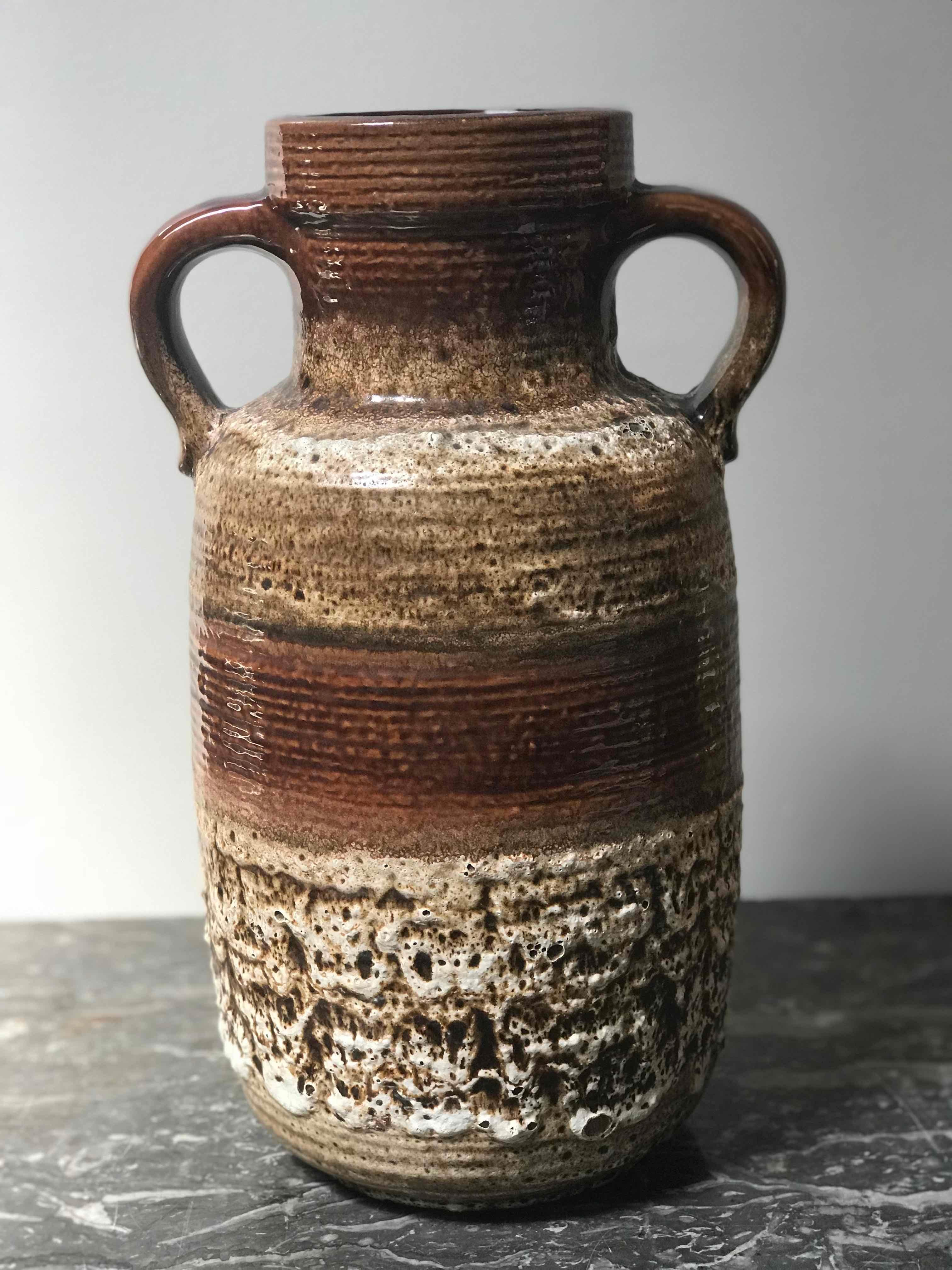 Brown and natural glazed vase with handles from France circa 1950. 