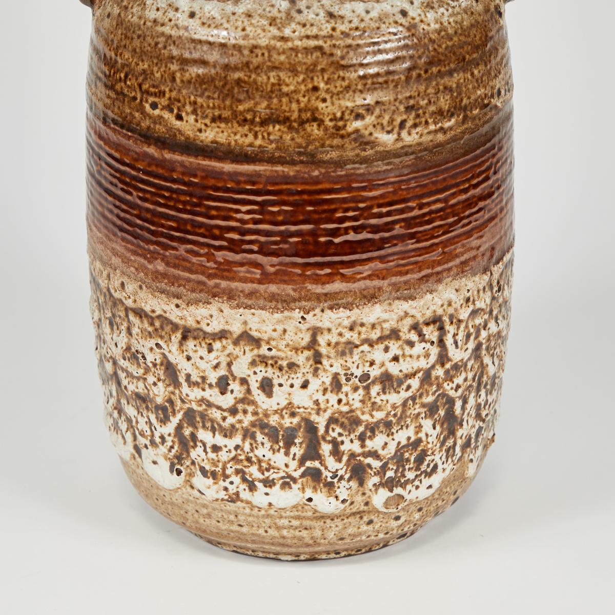 French Brown and Neutral Glazed Vase with Handles from France, circa 1950