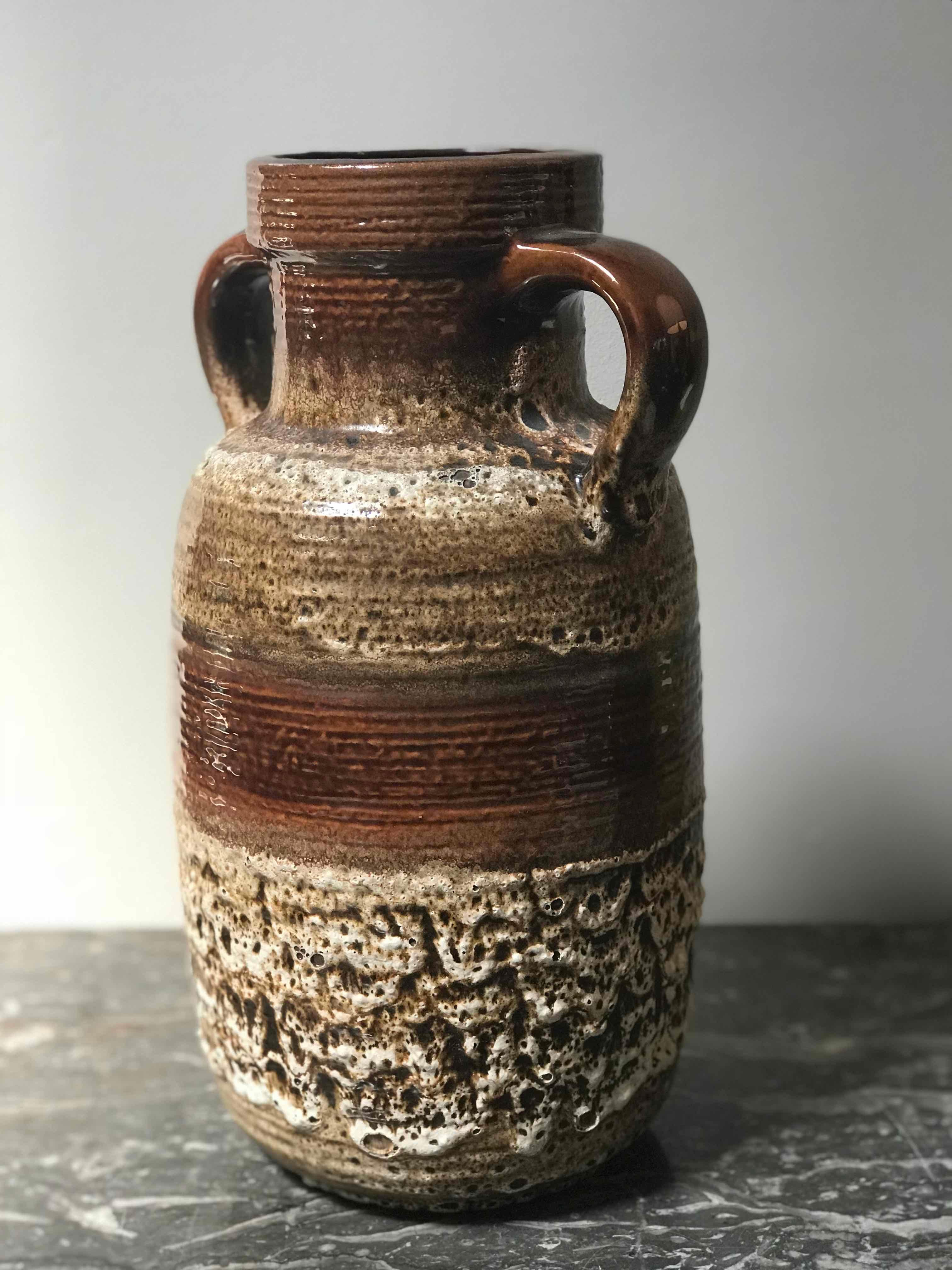 French Brown and Neutral Glazed Vase with Handles from France Circa 1950