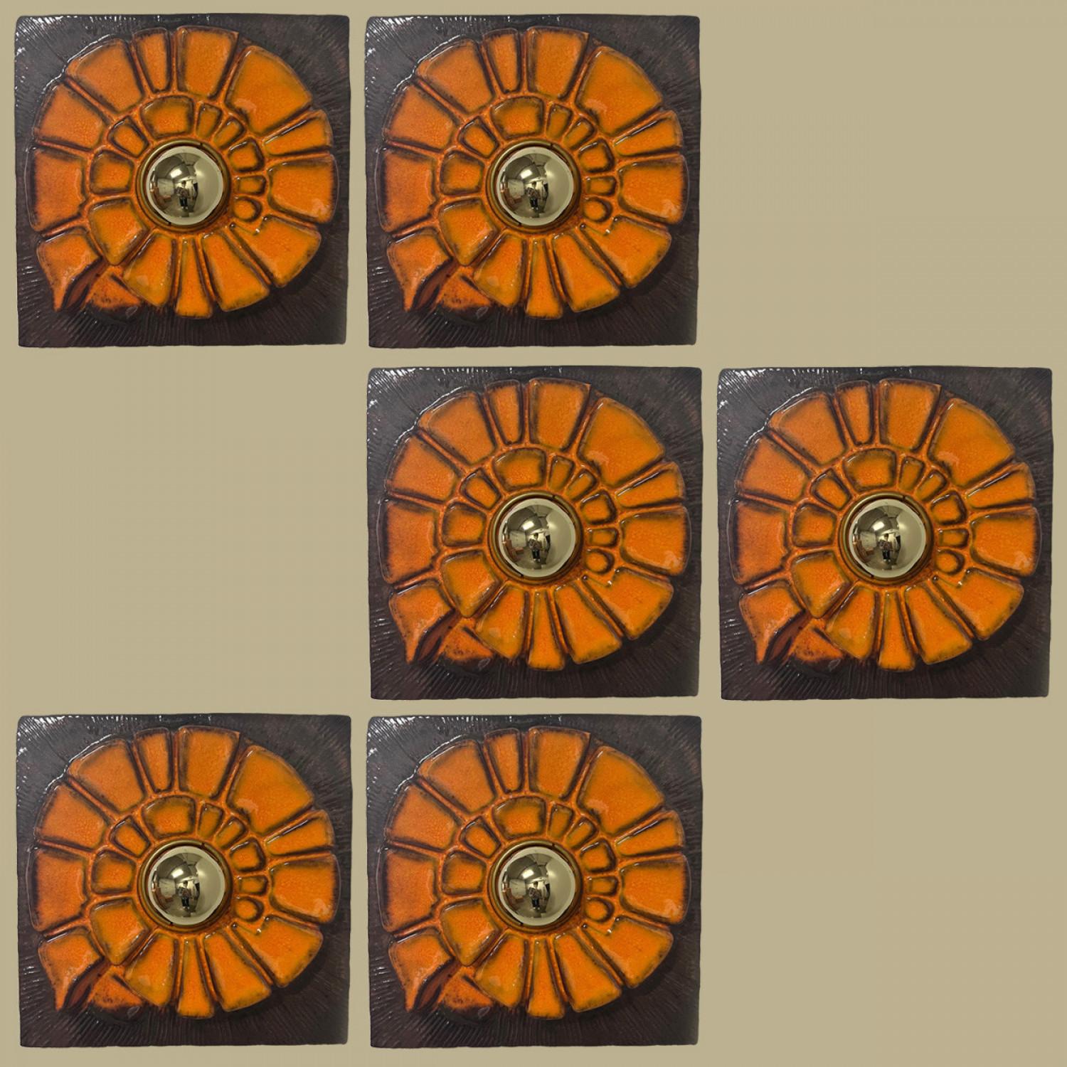 Glazed Brown and Orange Ceramic Geometric Wall Light, West-Germany For Sale