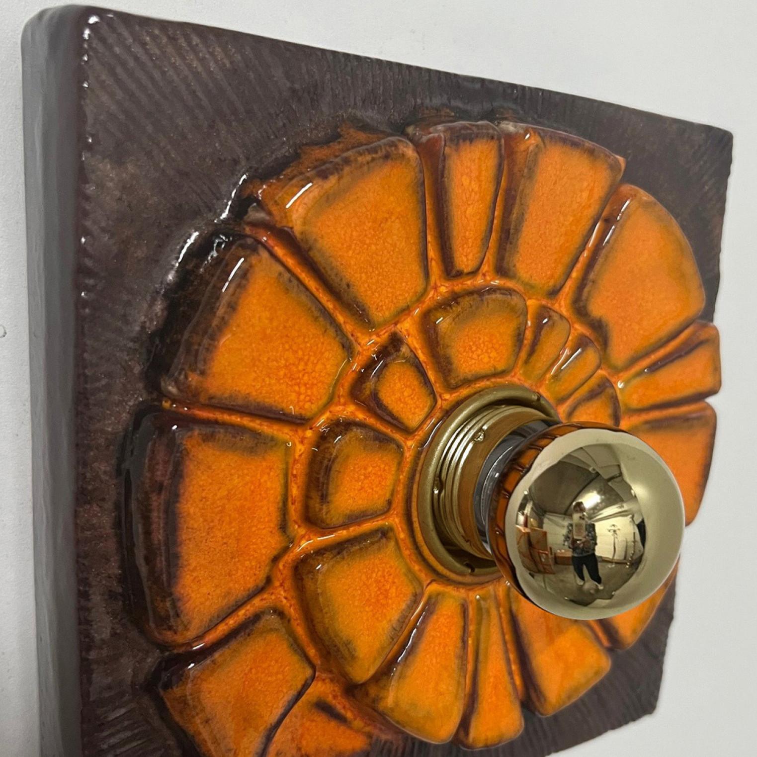 Late 20th Century Brown and Orange Ceramic Geometric Wall Light, West-Germany For Sale