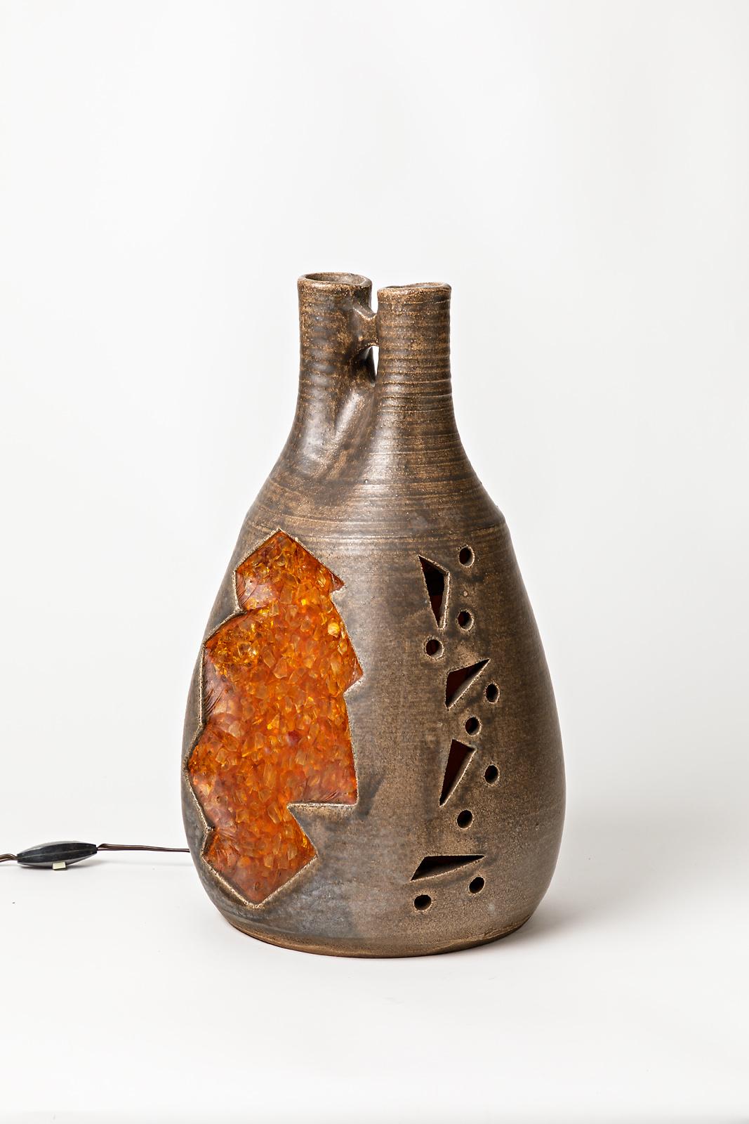 Mid-Century Modern Lampe de bureau en sculpture en céramique marron et orange du milieu du siècle dernier, par Accolay Design en vente