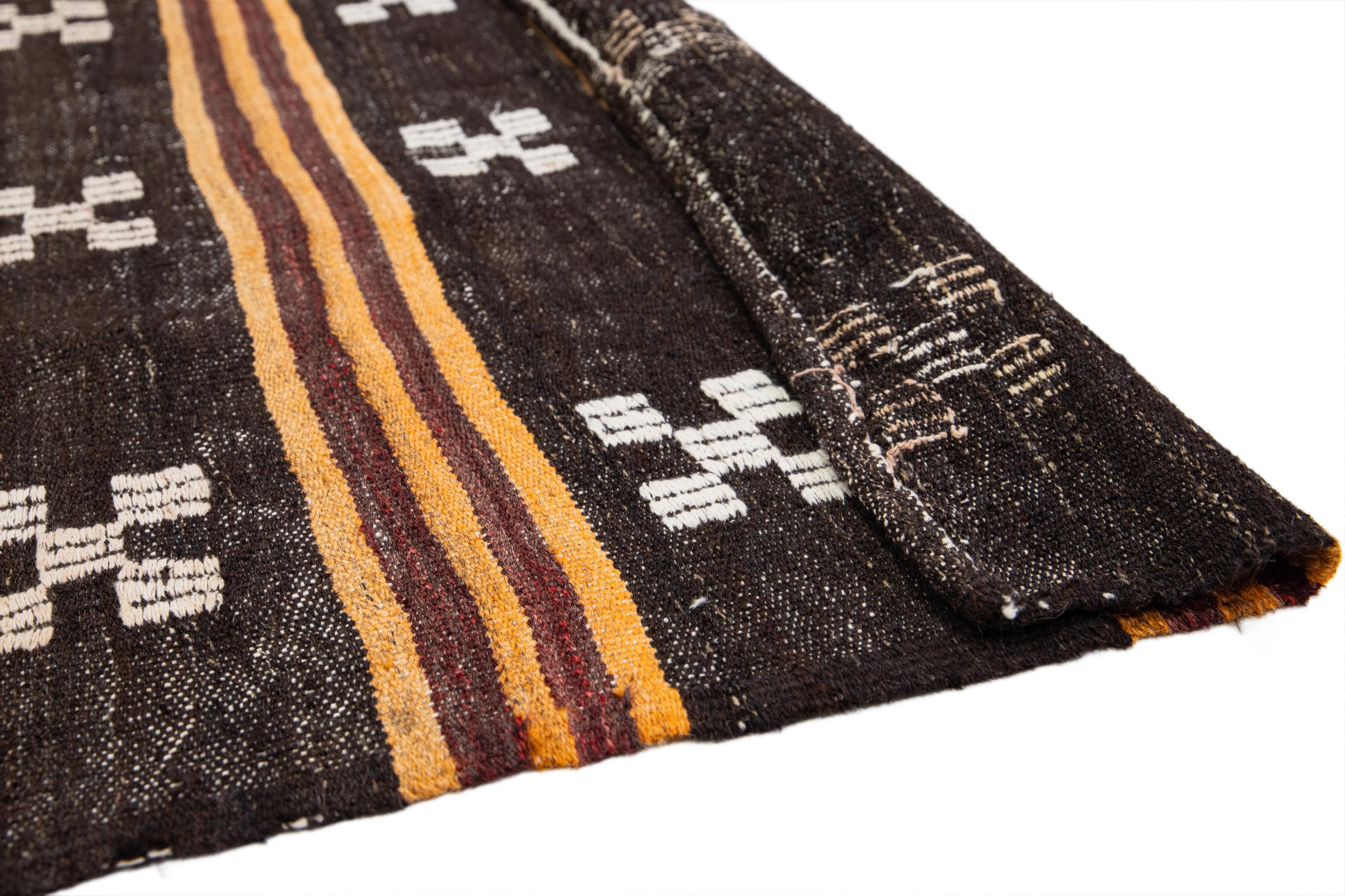 Turkish Brown and Orange Vintage Kilim Handmade Flatweave Striped Pattern Wool Rug For Sale