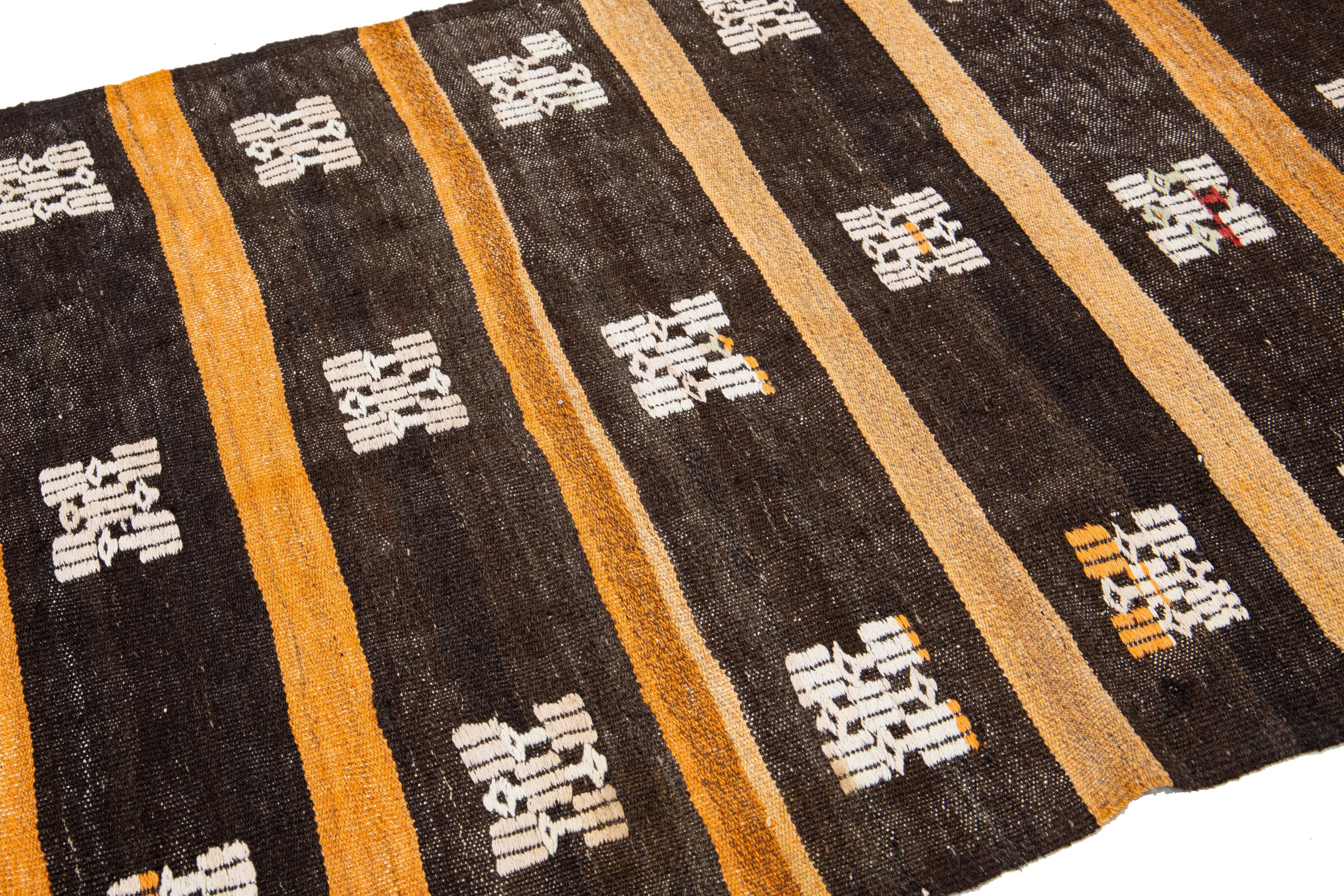 Hand-Knotted Brown and Orange Vintage Kilim Handmade Flatweave Striped Pattern Wool Rug For Sale