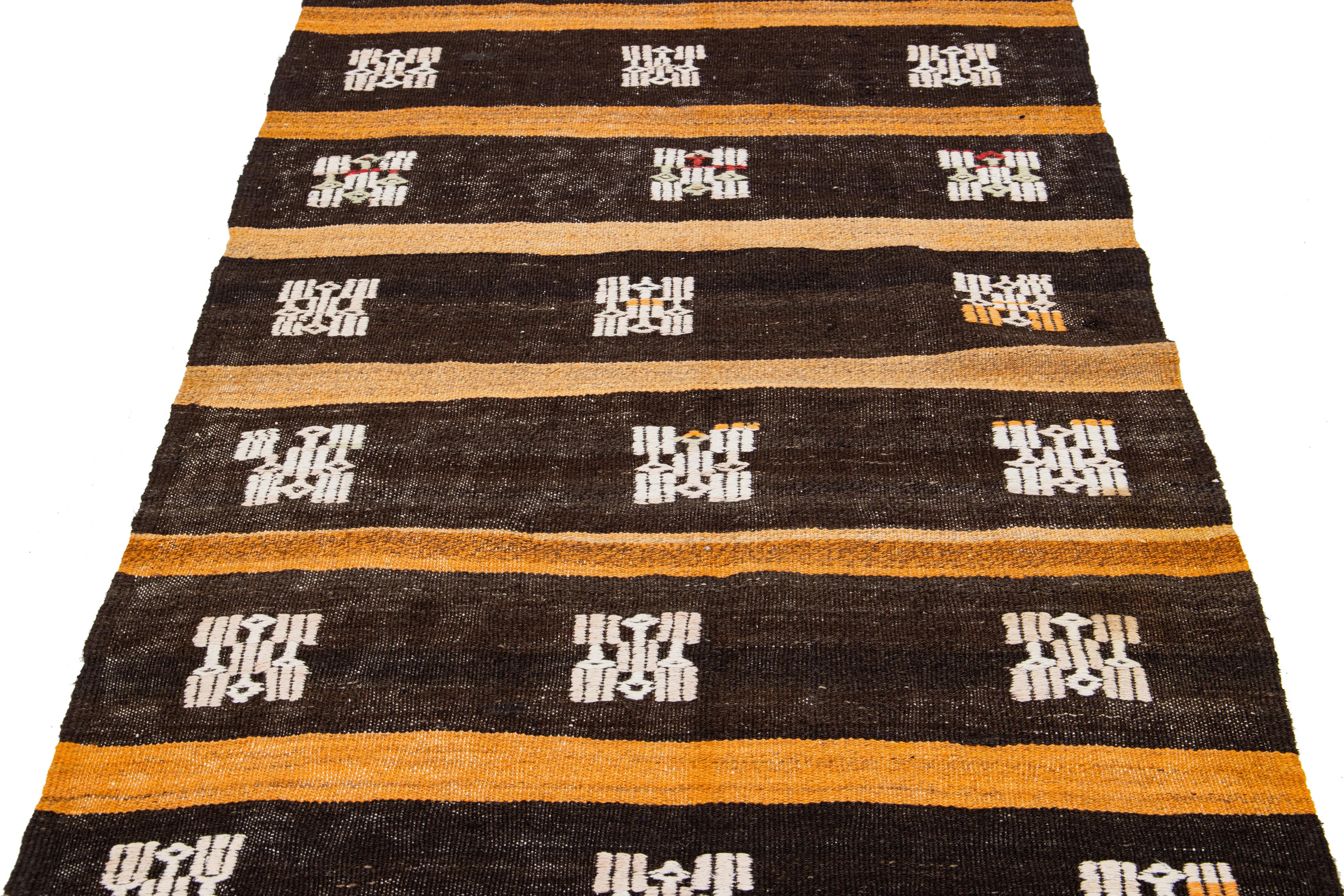 Brown and Orange Vintage Kilim Handmade Flatweave Striped Pattern Wool Rug For Sale 1