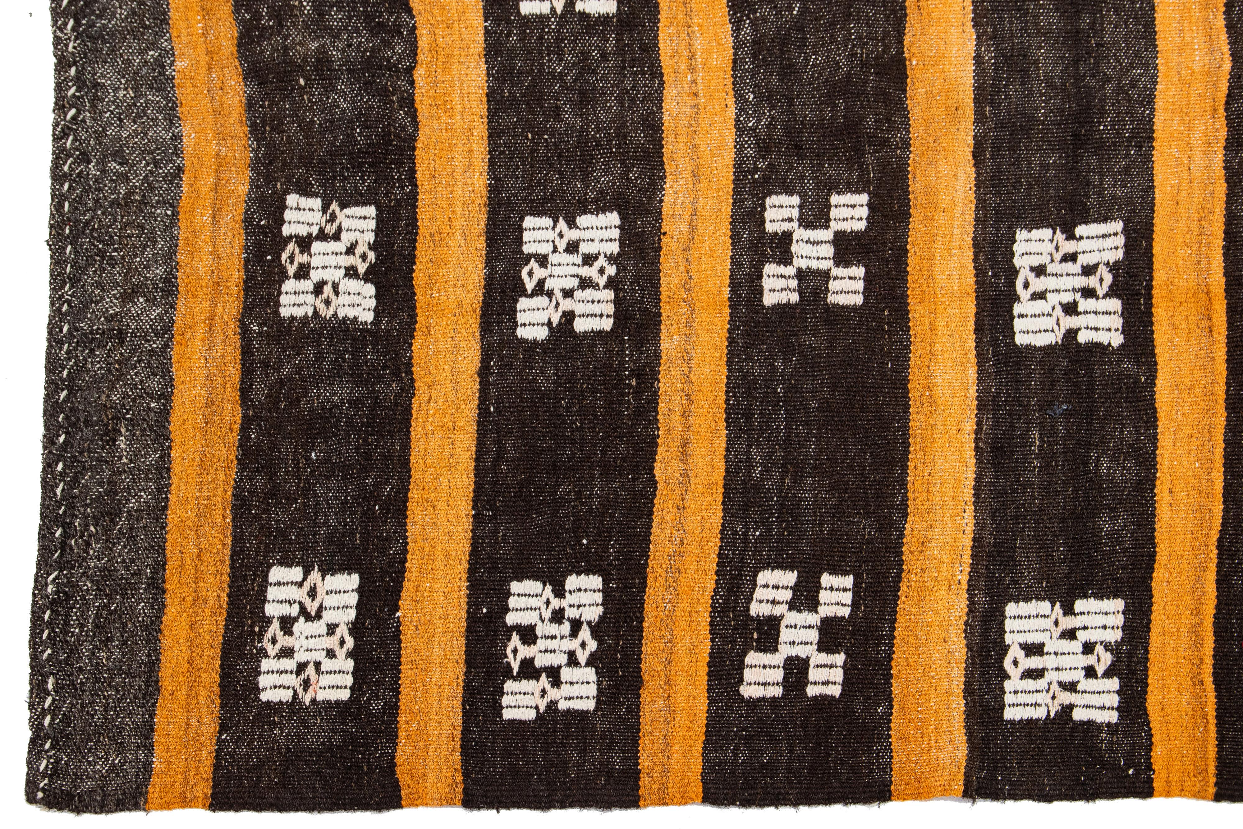 Brown and Orange Vintage Kilim Handmade Flatweave Striped Pattern Wool Rug For Sale 2