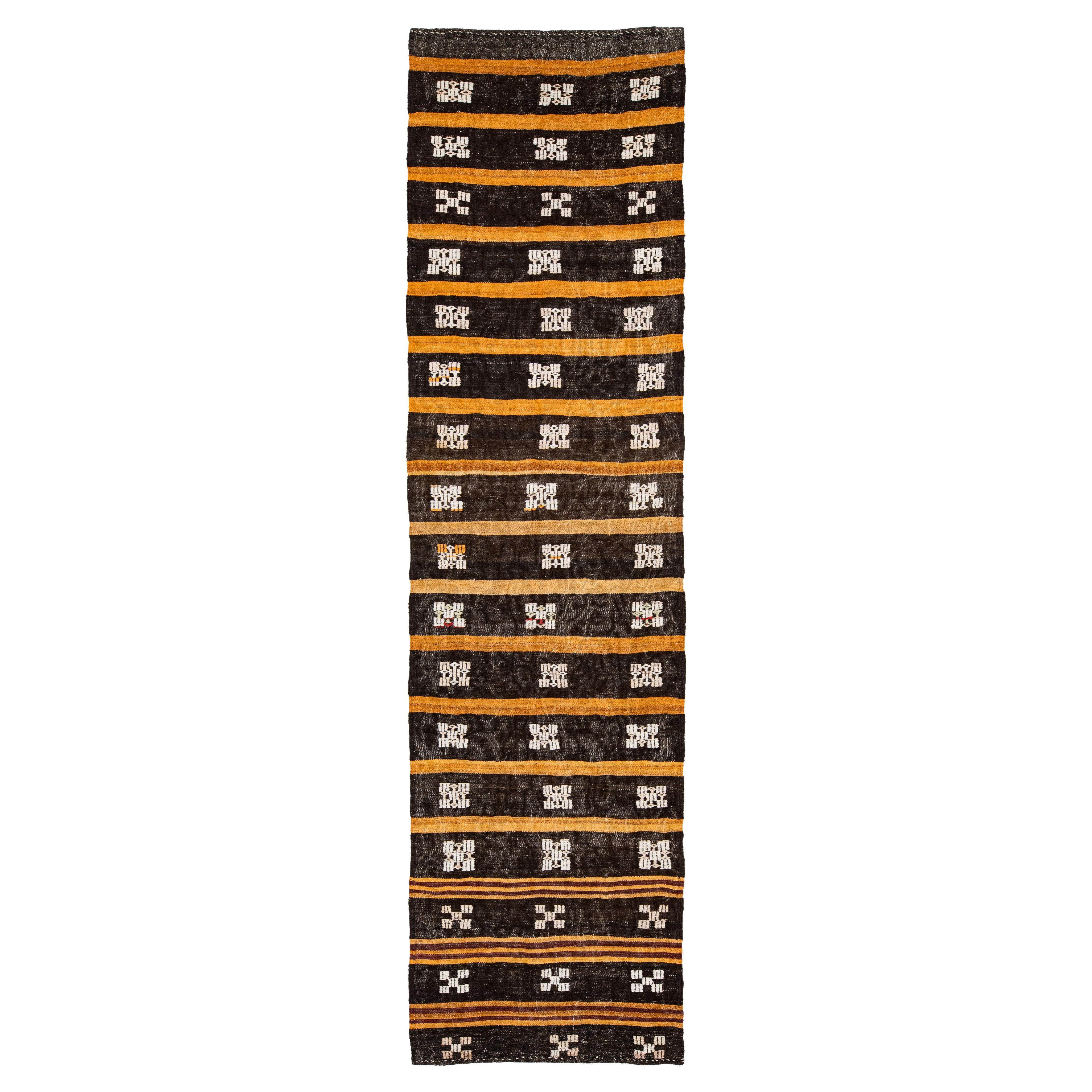 Brown and Orange Vintage Kilim Handmade Flatweave Striped Pattern Wool Rug