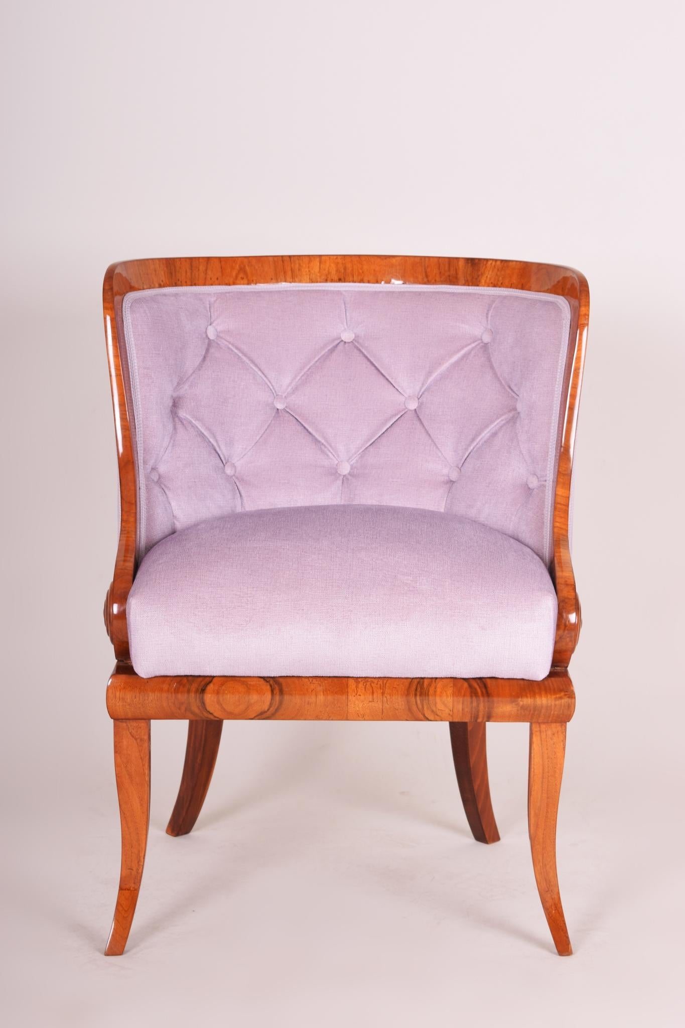Biedermeier armchair.
This armchair belonged to the heritage of the Dalmberg family from the Bohemian castle in Dacice.
Material: Walnut.
Completely restored.
New fabric.
Shellac-polish.