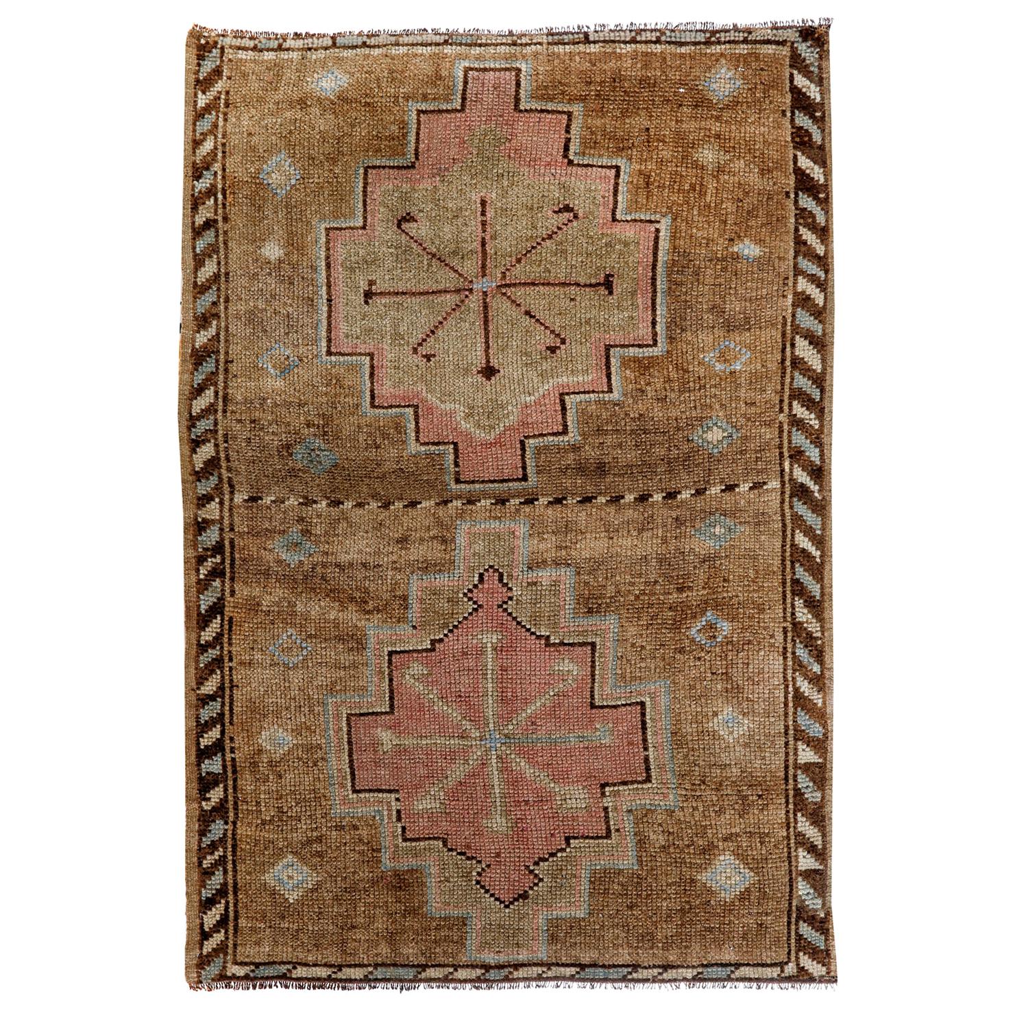 Brown and Pink Handmade Wool Turkish Old Anatolian Konya Distressed Rug For Sale