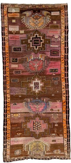 Brown and Pink Vintage Turkish Anatolian Handmade Geometric Designed Wool Rug