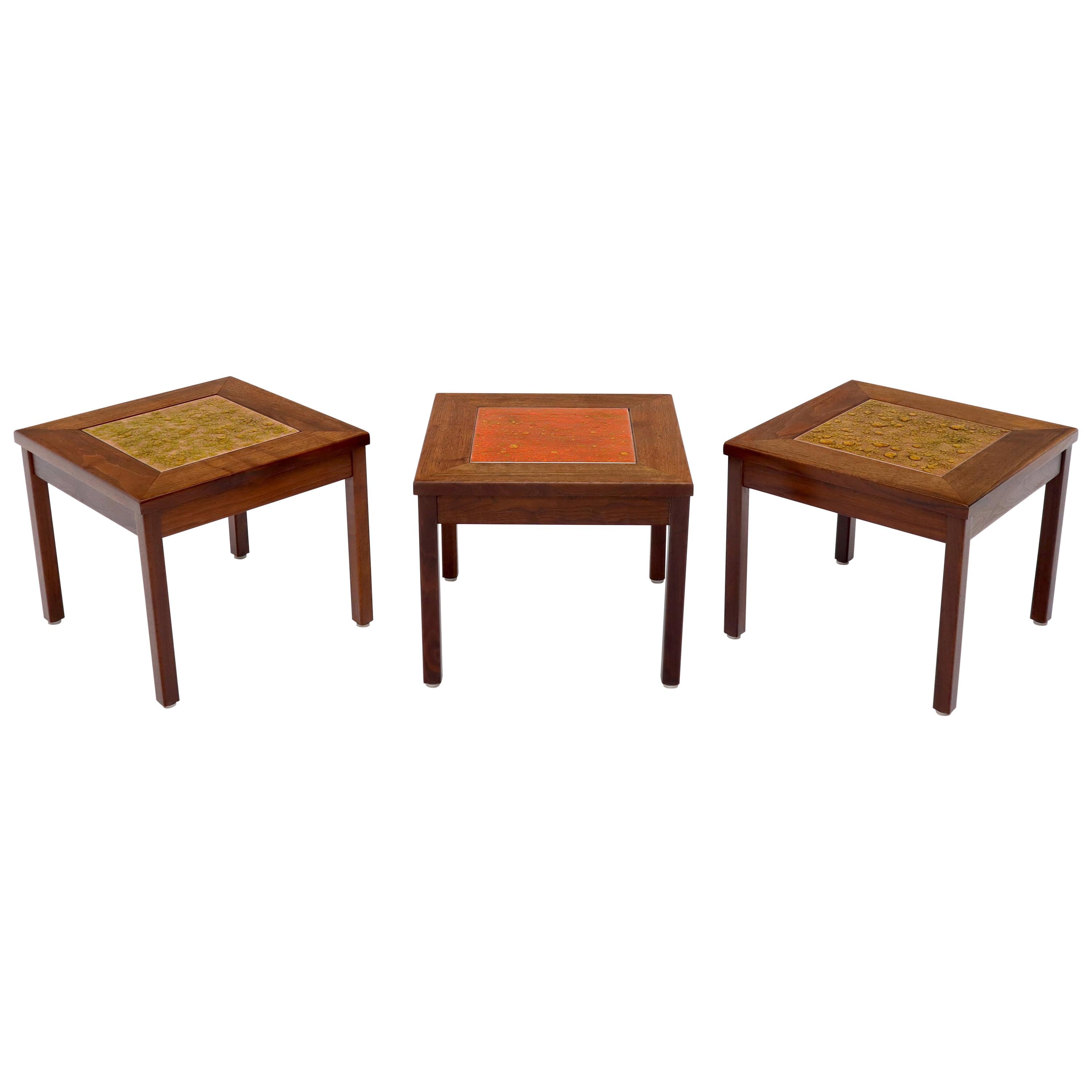 Brown and Saltman Set of Three End Side Tables in Dark Oiled Walnut Art Tile Top