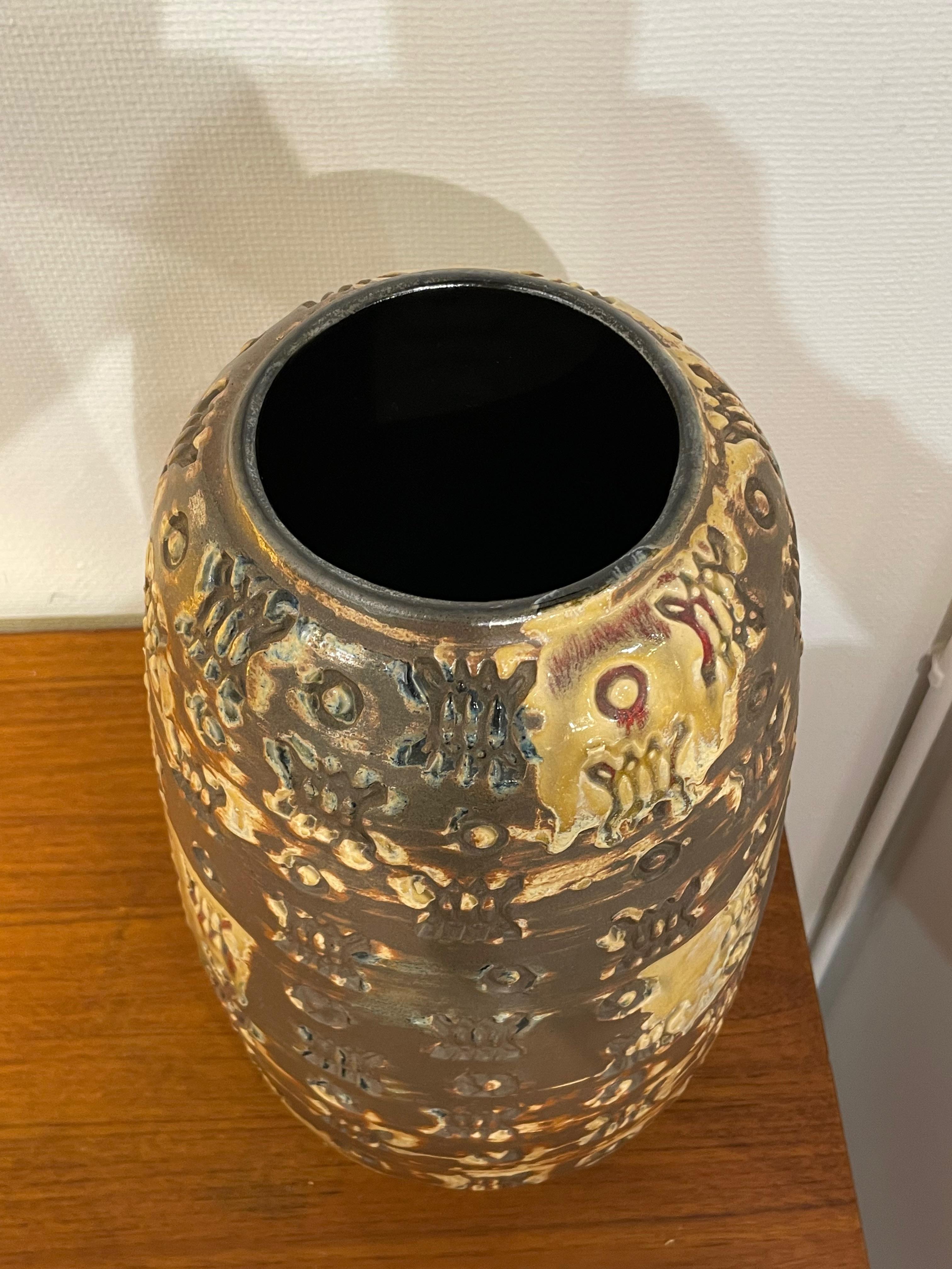 French Brown And Tan Geometric Design Vase, France, Mid Century For Sale