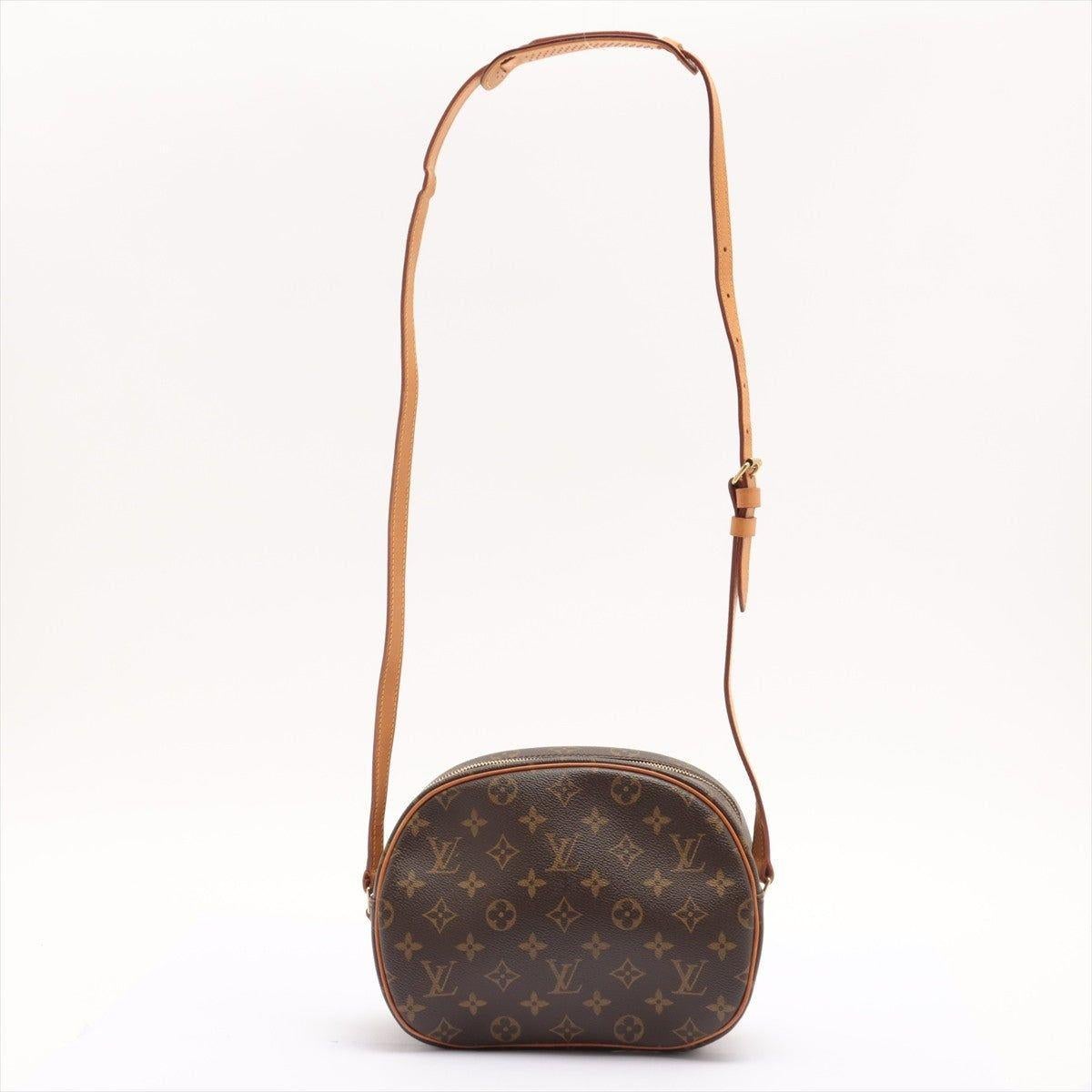 Brown and tan monogram coated canvas Louis Vuitton Blois bag with gold-tone hardware, tan vachetta leather trim, flat shoulder strap, exterior pocket at front, brown Taiga leather lining, single slit pocket at interior wall and zip closure at top.

