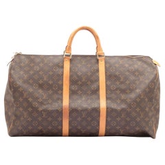 Brown and tan monogram coated canvas Louis Vuitton Keepall 60 with gold-tone
