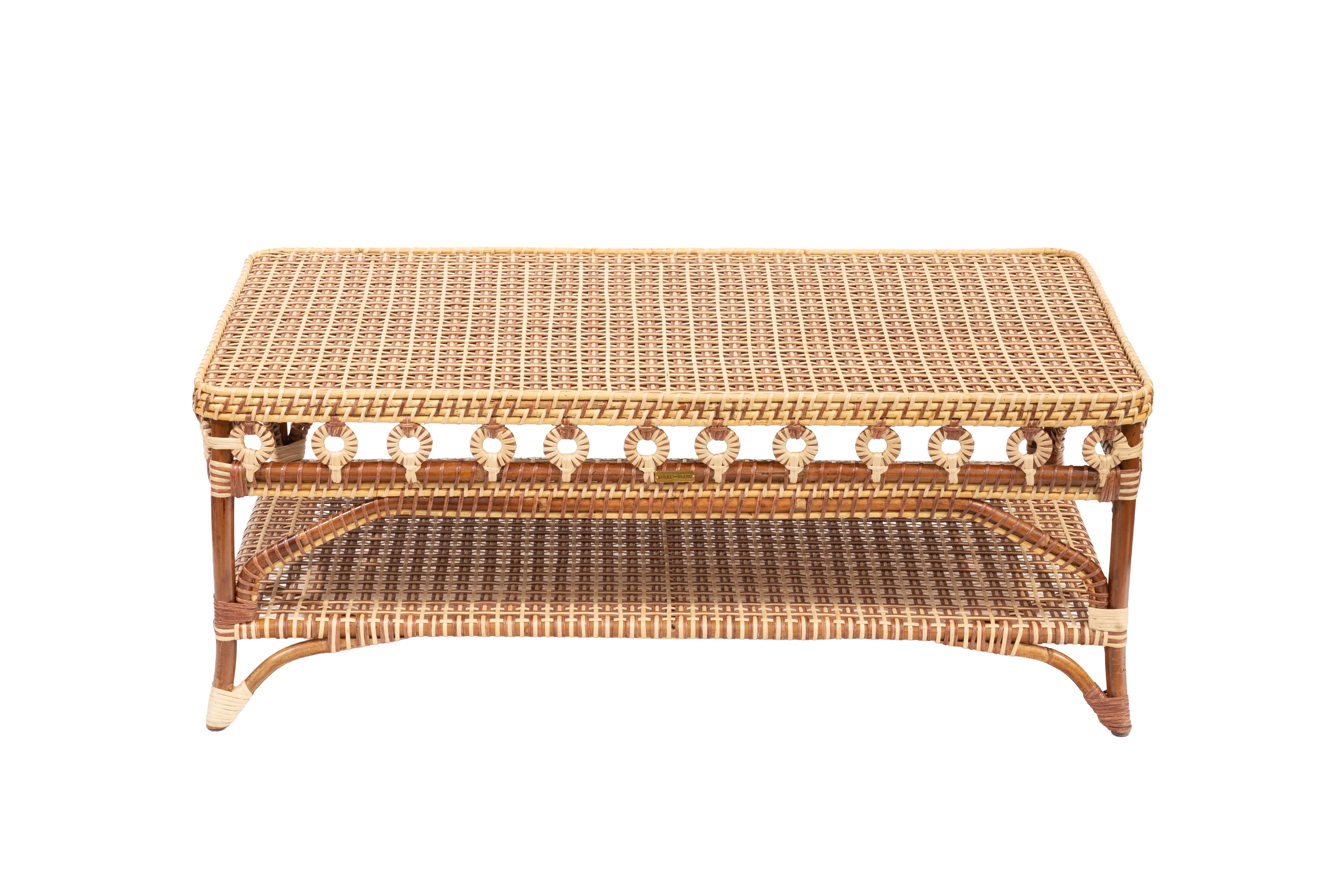 Contemporary Brown and Tan Rattan Rectangular Coffee Table by Creel and Gow