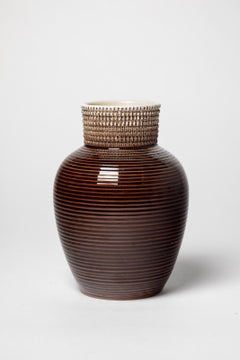 Brown and white 20th century design ceramic vase att. to Pol Chambost 1950