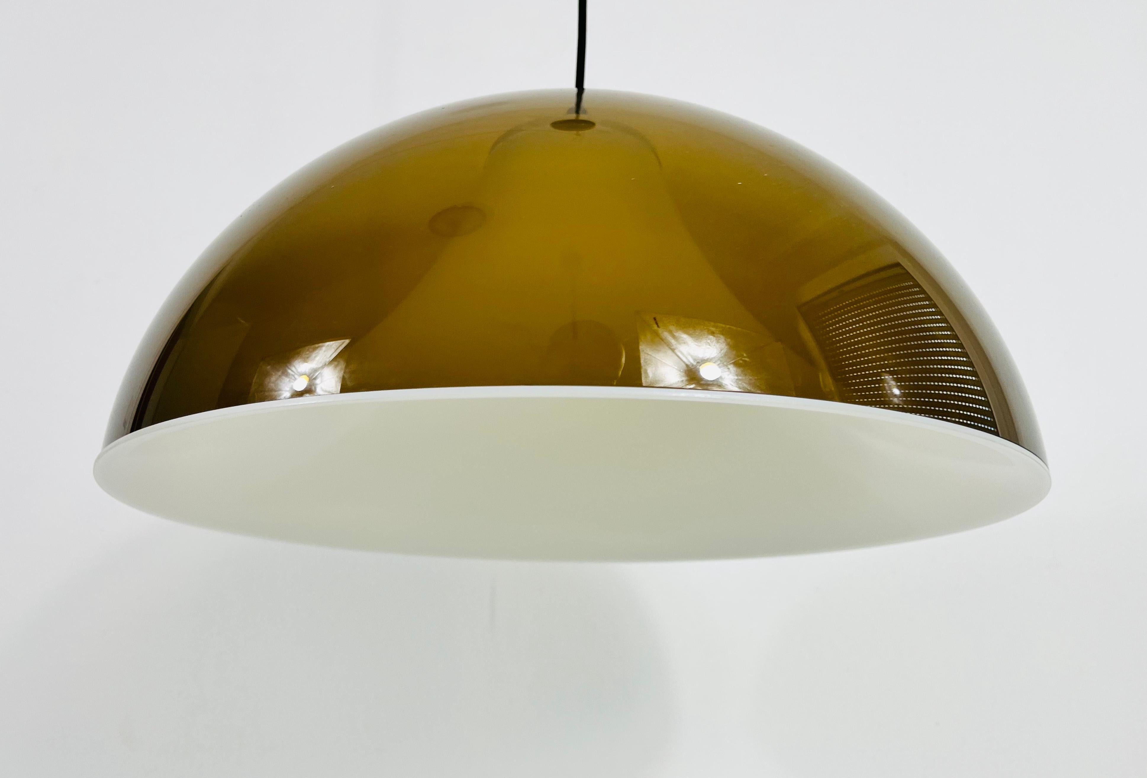 Brown and White Acrylic Glass Pendant Lamp in the Style Temde, 1970s In Good Condition For Sale In Hagenbach, DE