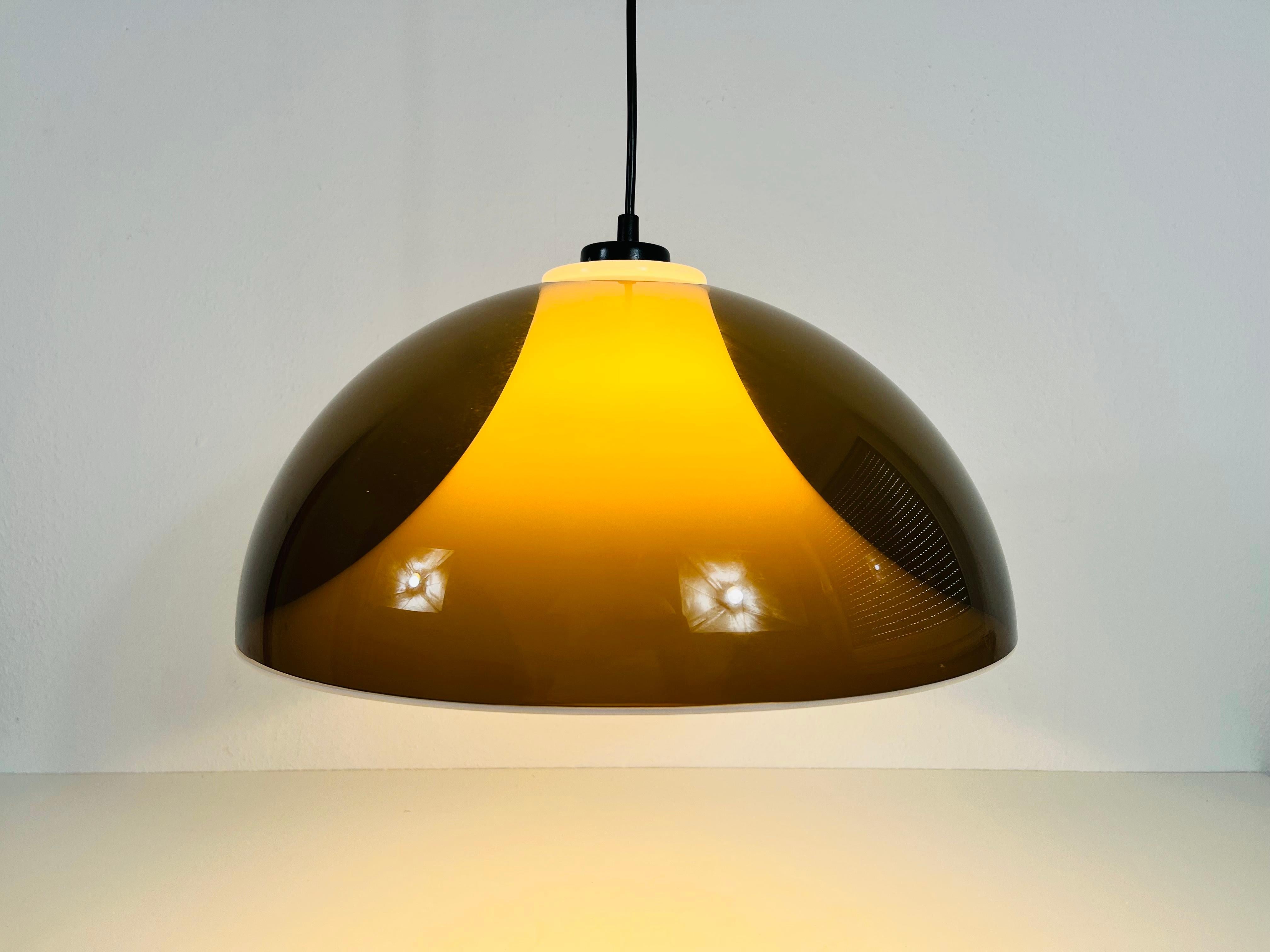 Brown and White Acrylic Glass Pendant Lamp in the Style Temde, 1970s For Sale 2