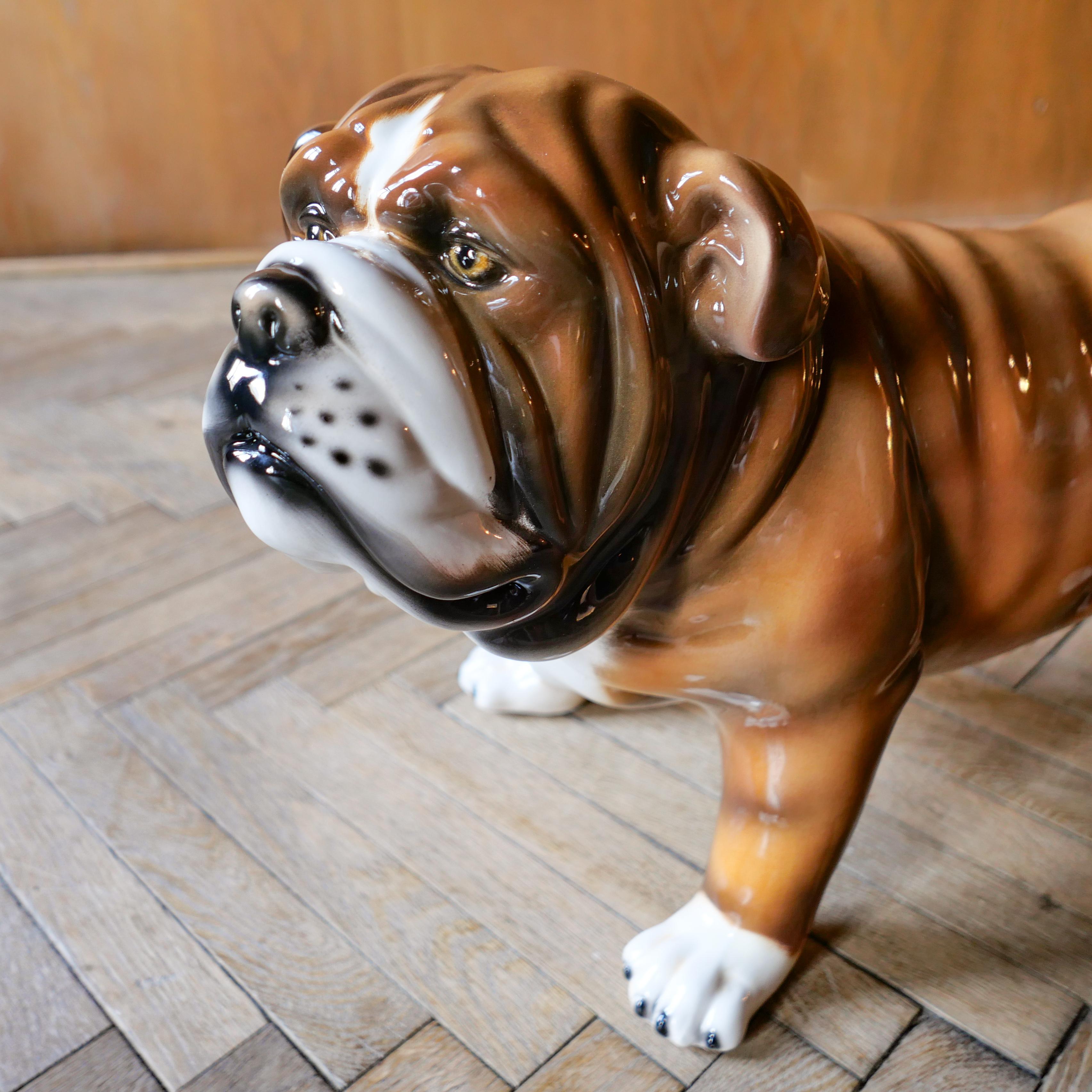 Mid-Century Modern Brown and White Ceramic Bulldog Sculpture, Italy For Sale