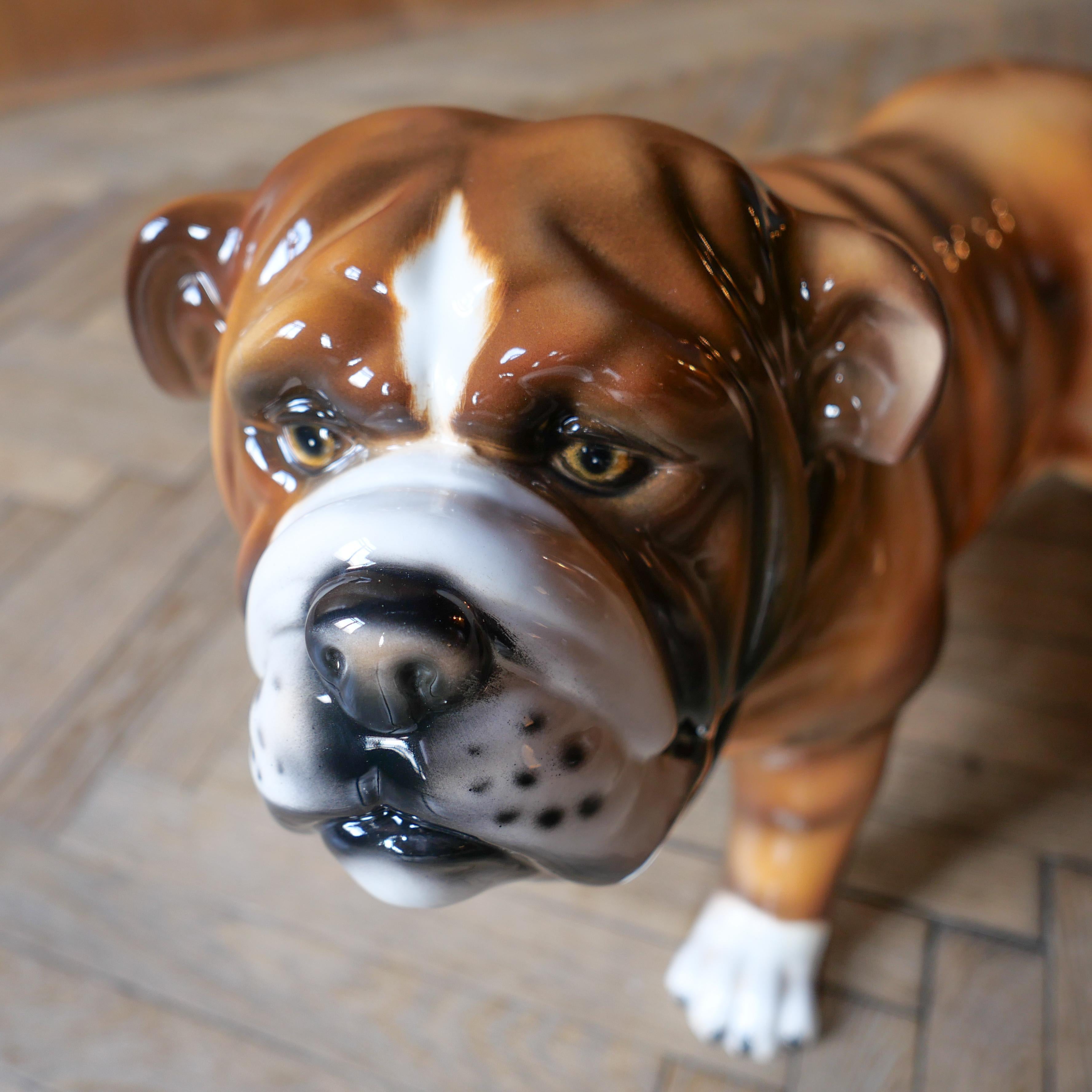 Italian Brown and White Ceramic Bulldog Sculpture, Italy For Sale