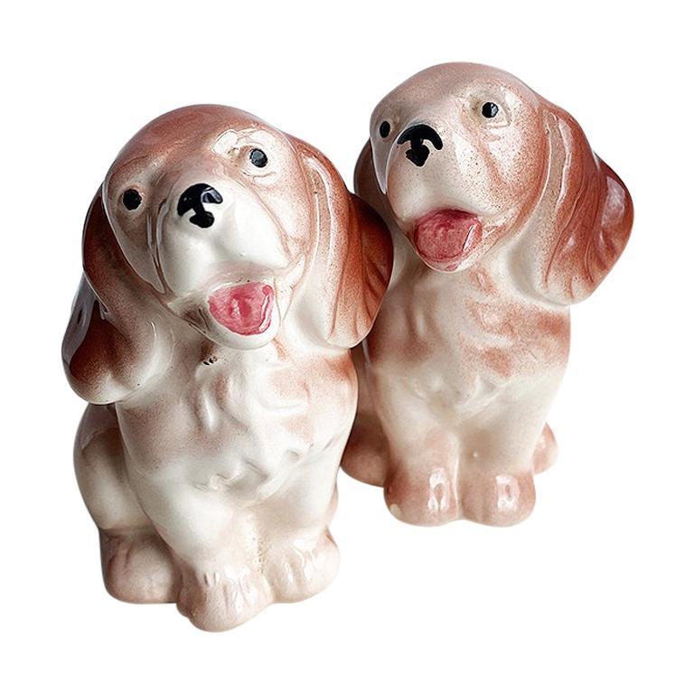 Brown and White Ceramic Dog Salt and Pepper Shakers, a Pair
