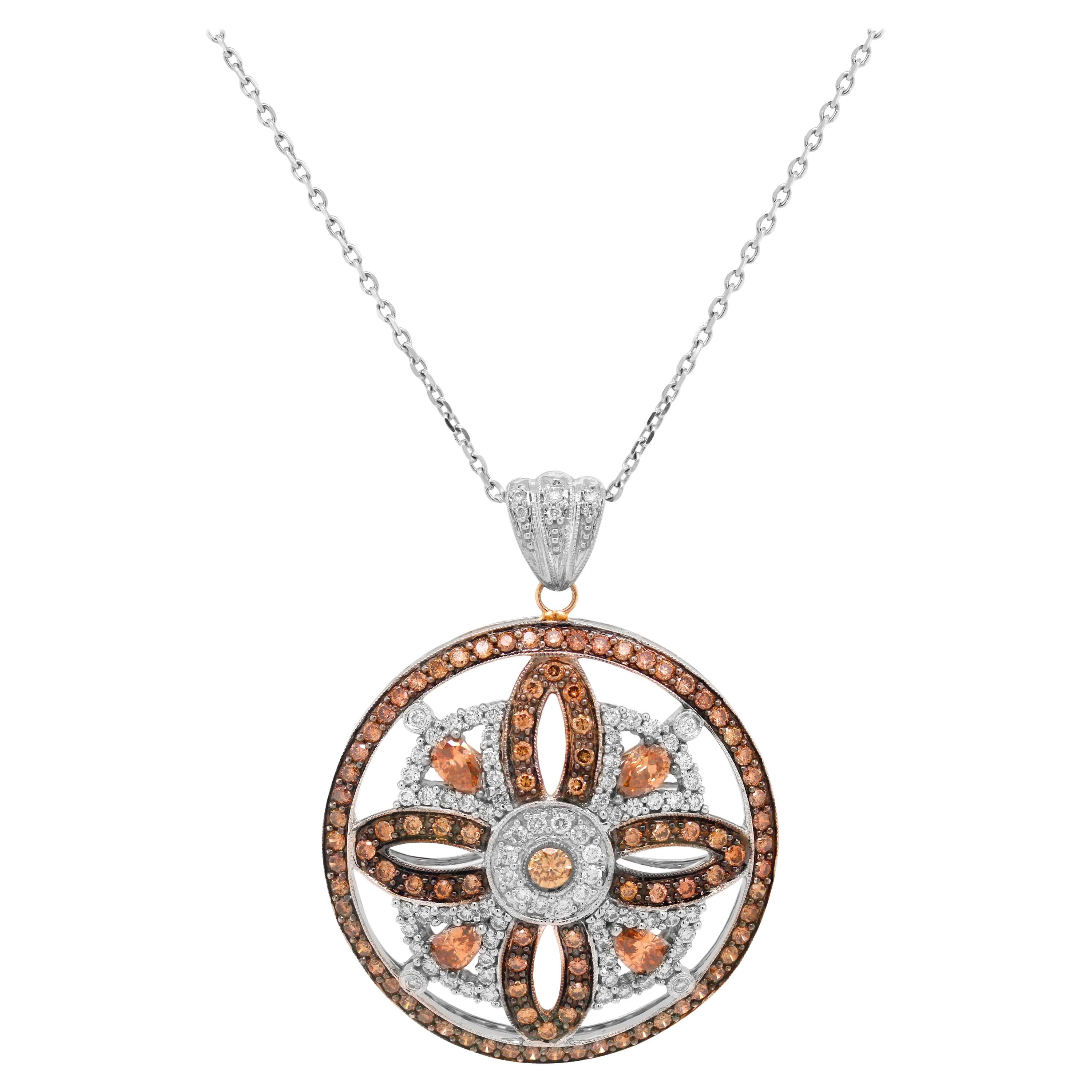 Collier à pendentif circulaire en or blanc 14 carats avec diamants bruns et blancs