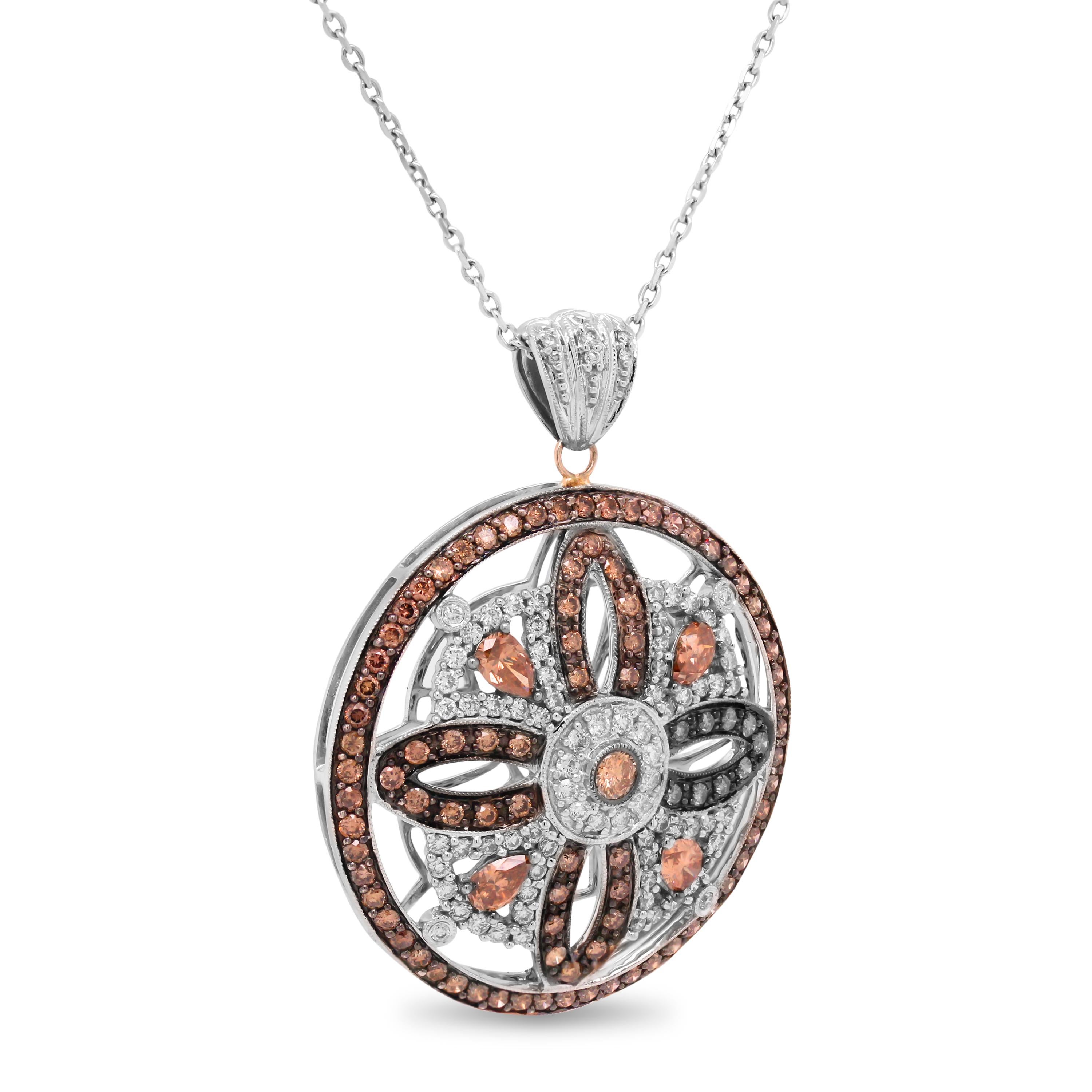 Contemporary Brown and White Diamond 14 Karat White Gold Circle Pendant Necklace For Sale