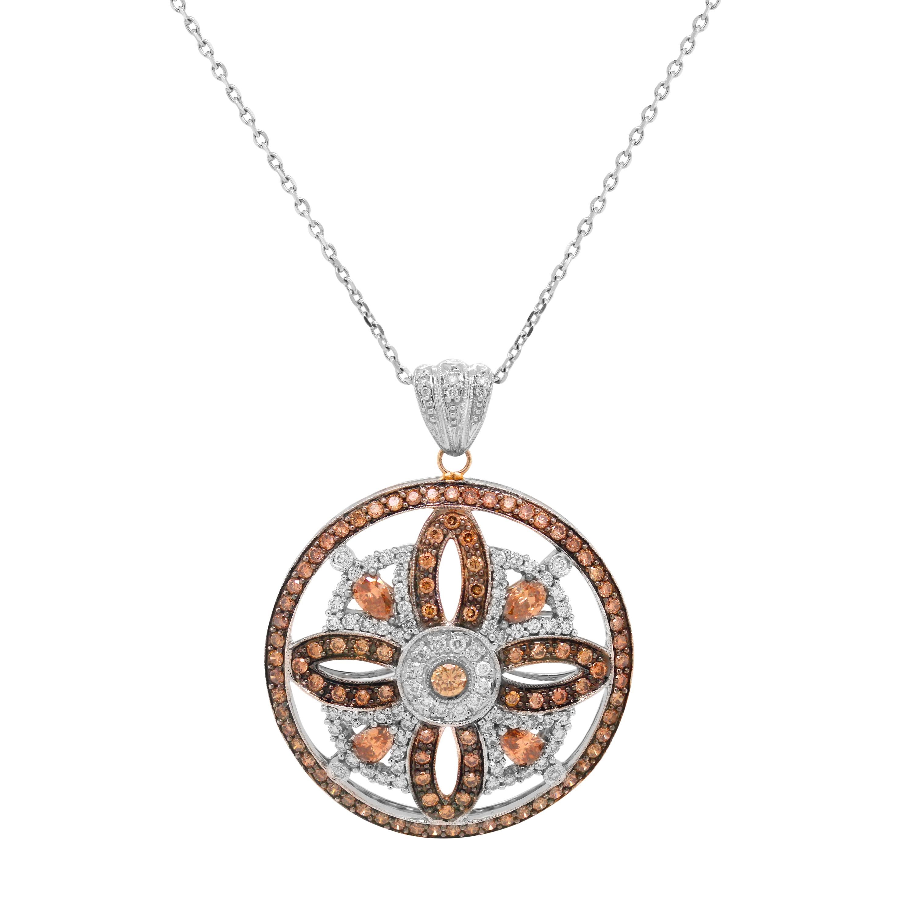 Round Cut Brown and White Diamond 14 Karat White Gold Circle Pendant Necklace For Sale
