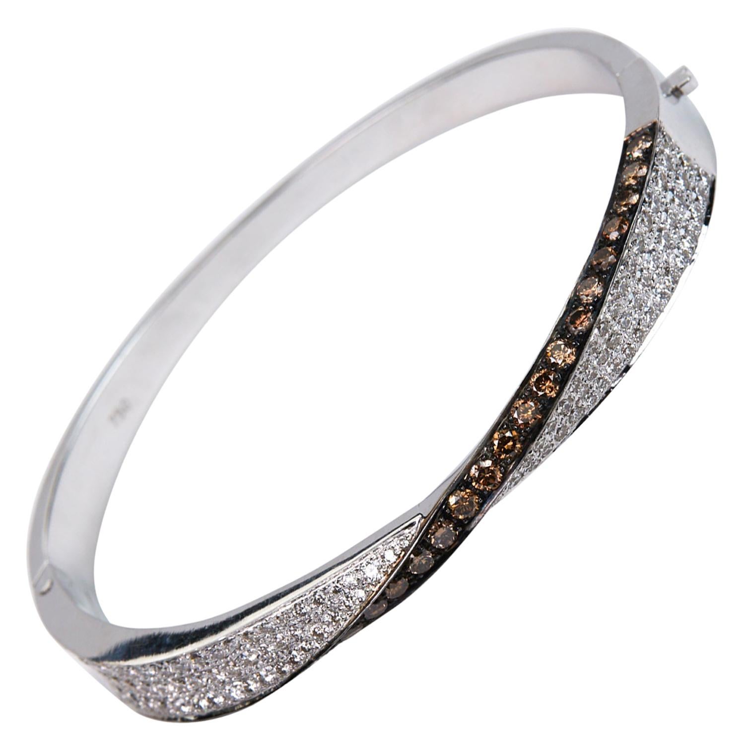Brown and White Diamond Bangle Bracelet Set in White Gold For Sale