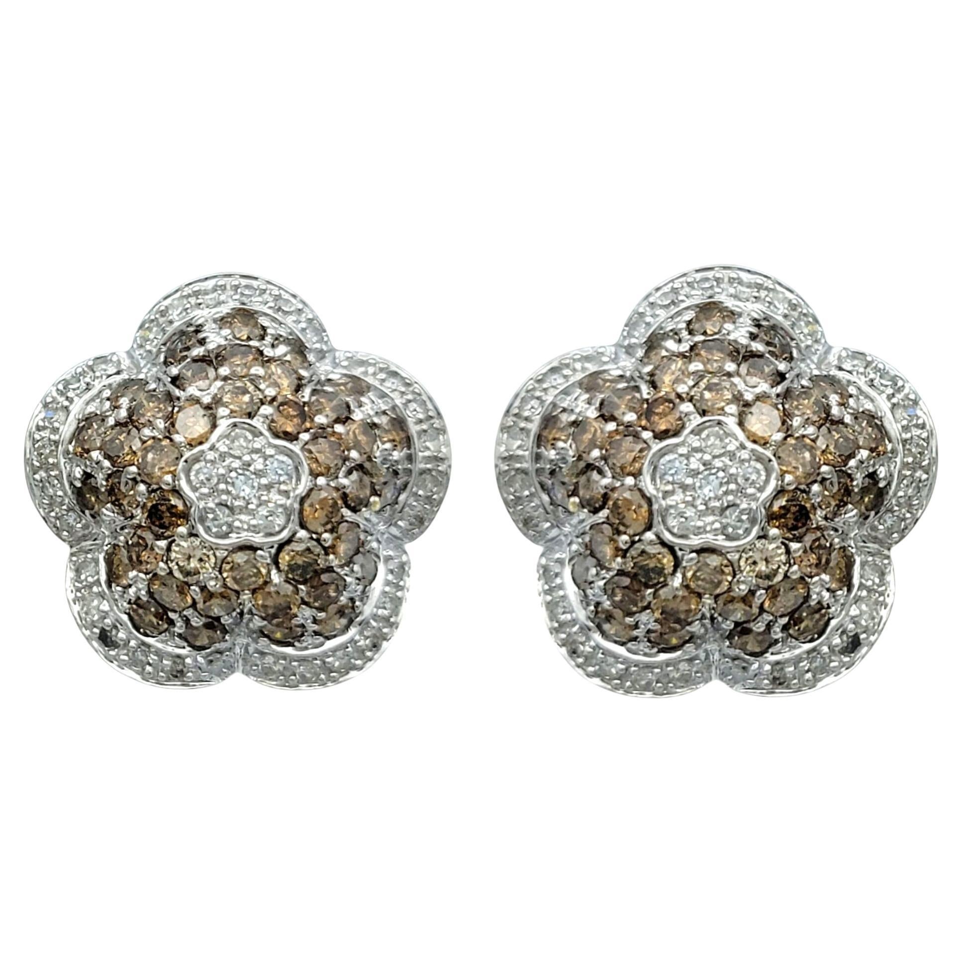 Brown and White Diamond Cluster Flower Motif Stud Earrings 14 Karat White Gold